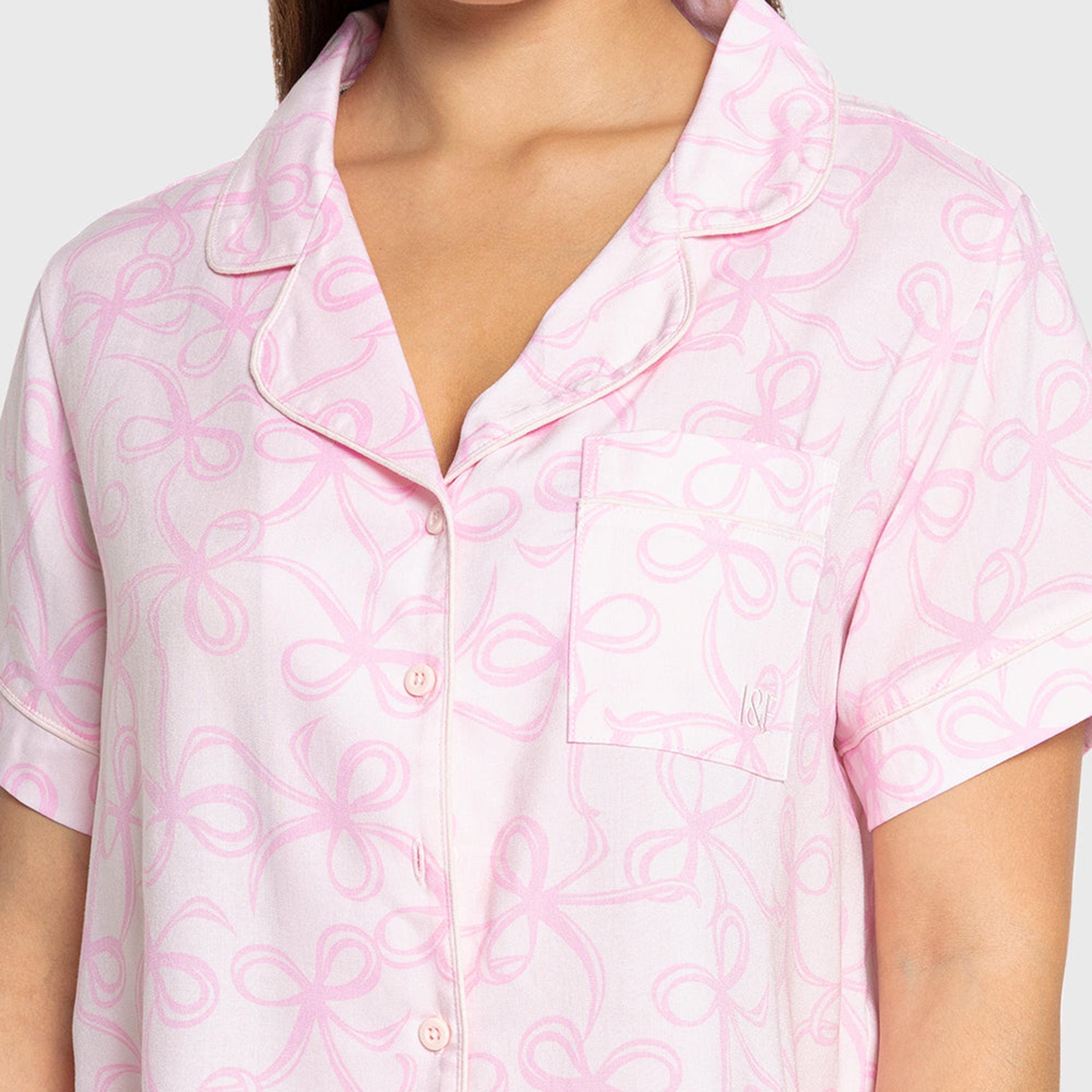 Isla & Evie Bow Print Notch Collared Short Sleeves Women's Shirt and Pyjama Set-women-clothing-nightwear-pyjamas-longsets-image-6