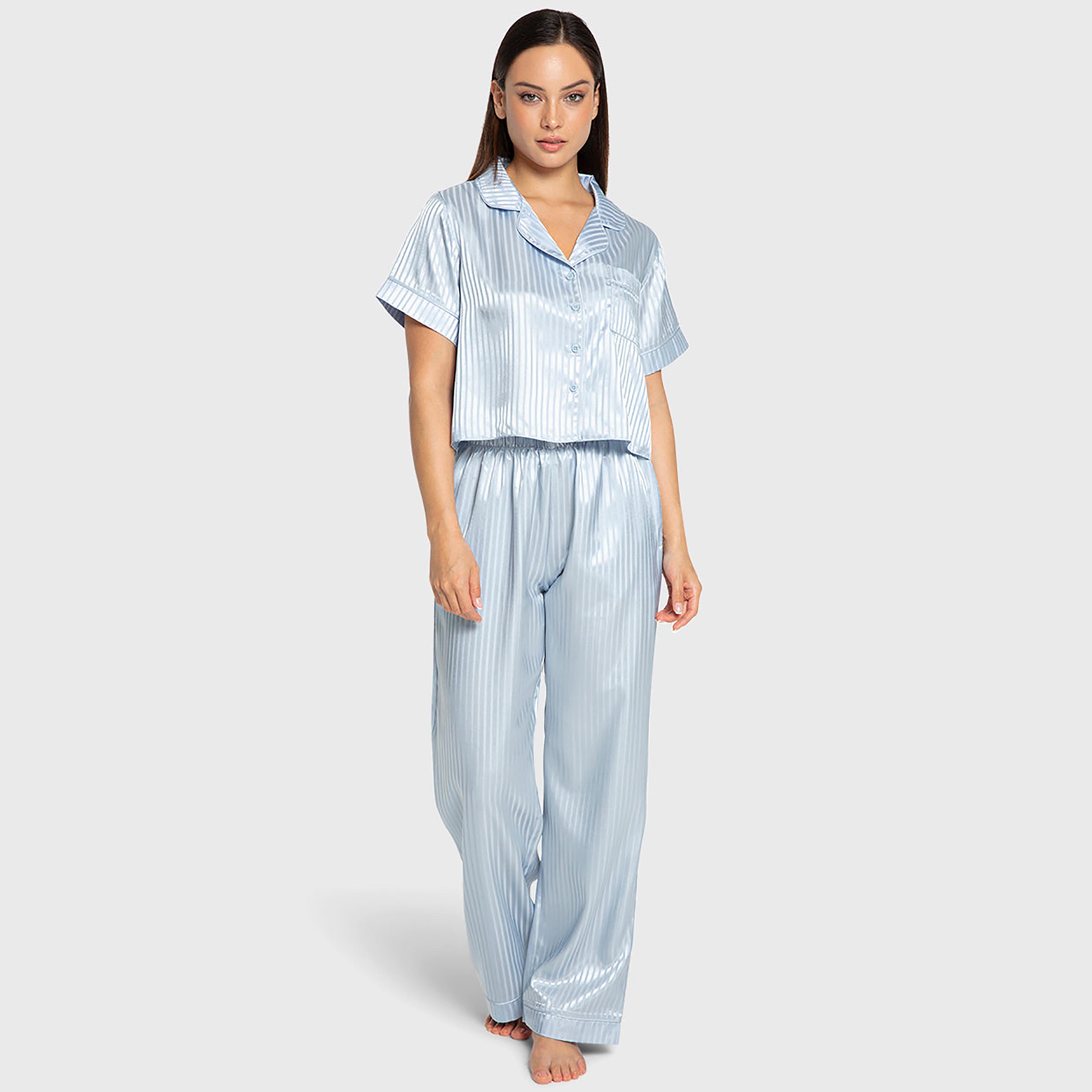 Isla & Evie Striped Notch Collared Short Sleeves Women's Shirt and Pyjama Set-women-clothing-nightwear-pyjamas-longsets-image-1
