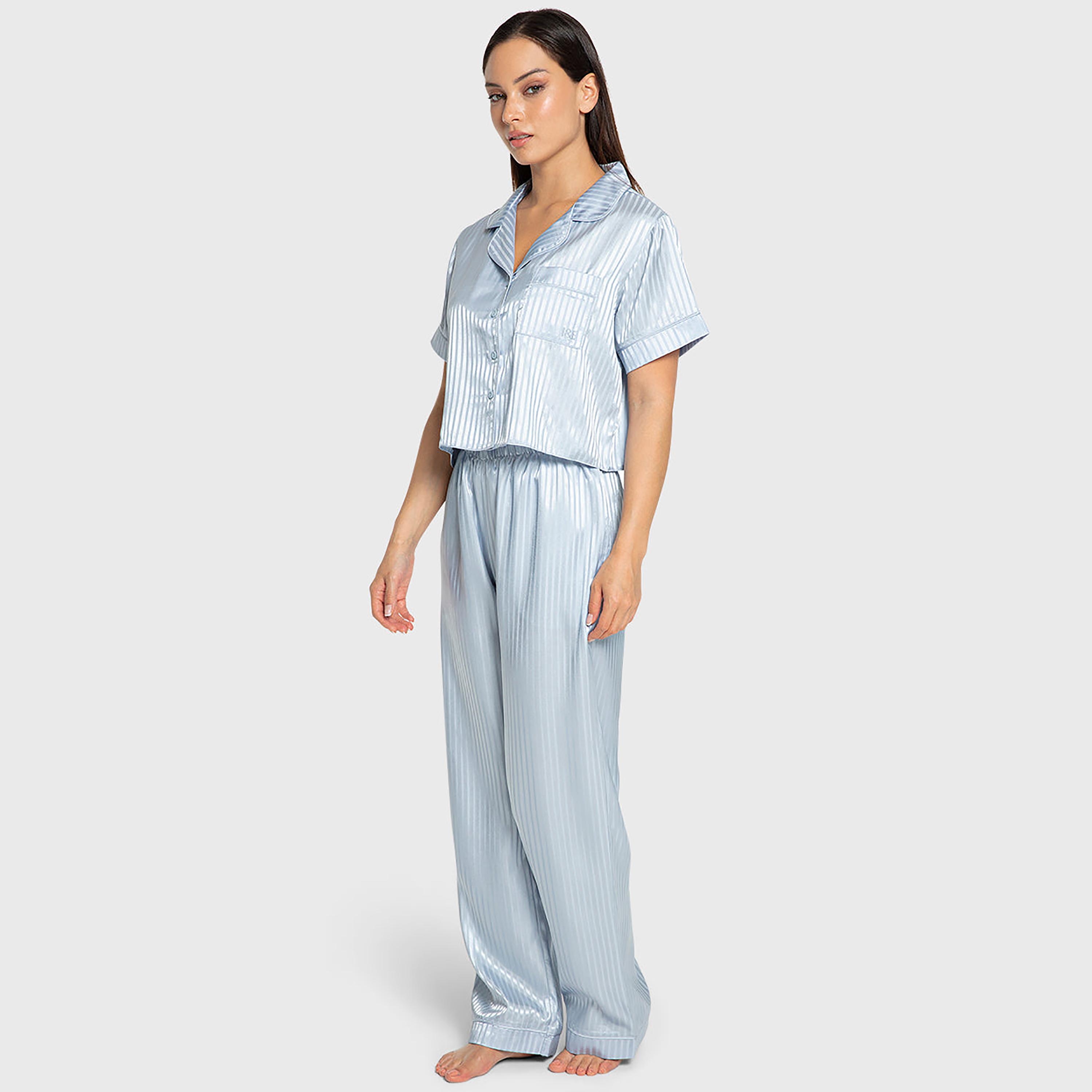 Isla & Evie Striped Notch Collared Short Sleeves Women's Shirt and Pyjama Set-women-clothing-nightwear-pyjamas-longsets-image-2
