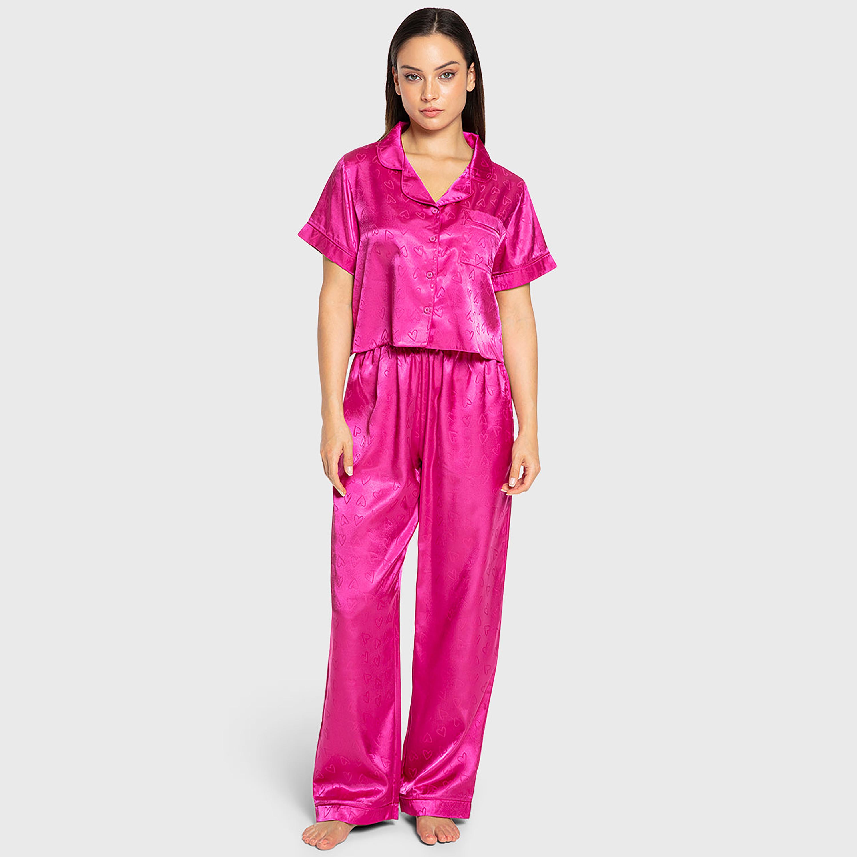 Isla & Evie Heart Print Notch Collared Short Sleeves Women's Shirt and Pyjama Set-women-clothing-nightwear-pyjamas-longsets-image-1