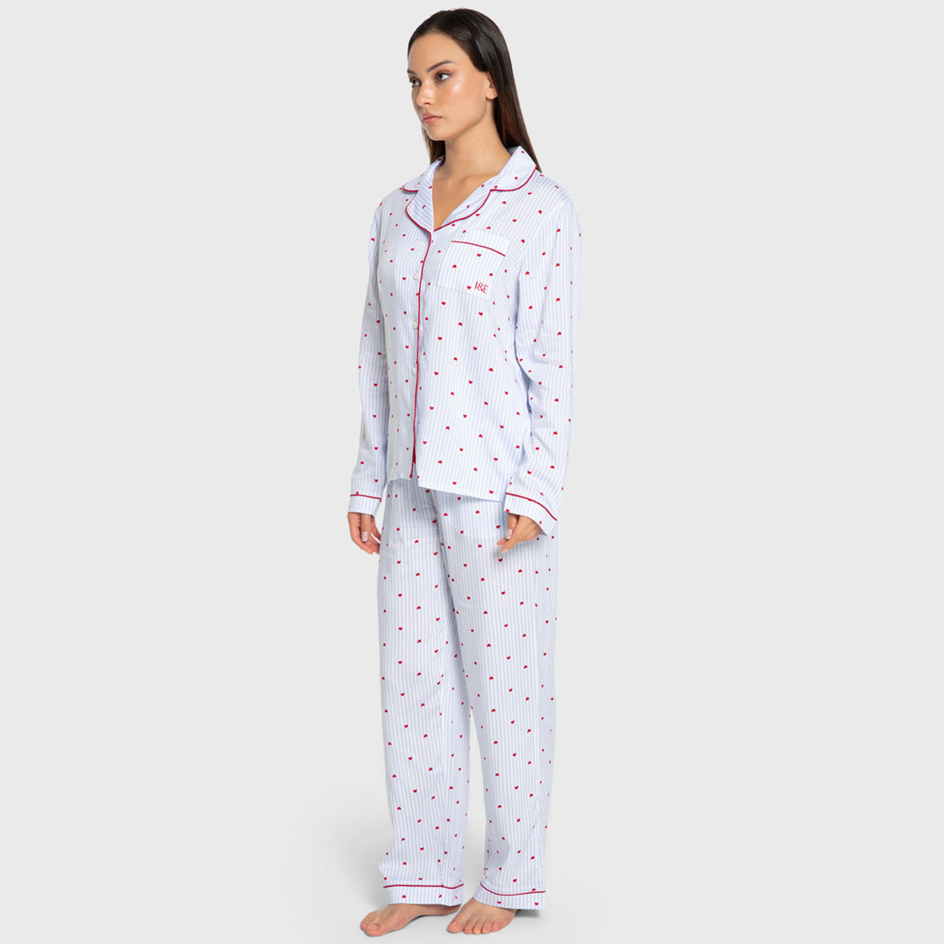Isla & Evie Striped Heart Print Notch Collared Long Sleeves Women's Shirt and Pyjama Set-women-clothing-nightwear-pyjamas-longsets-image-2
