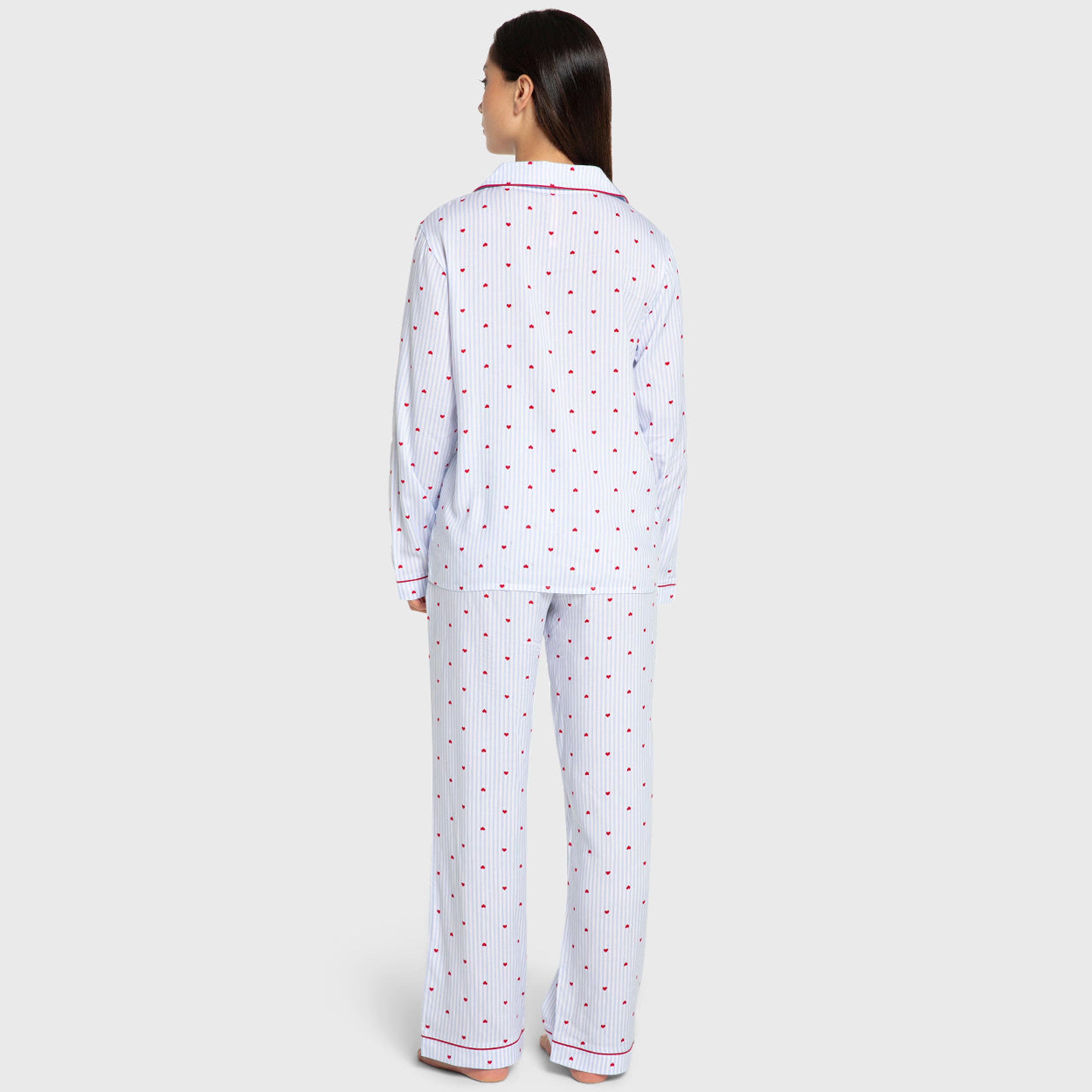 Isla & Evie Striped Heart Print Notch Collared Long Sleeves Women's Shirt and Pyjama Set-women-clothing-nightwear-pyjamas-longsets-image-3