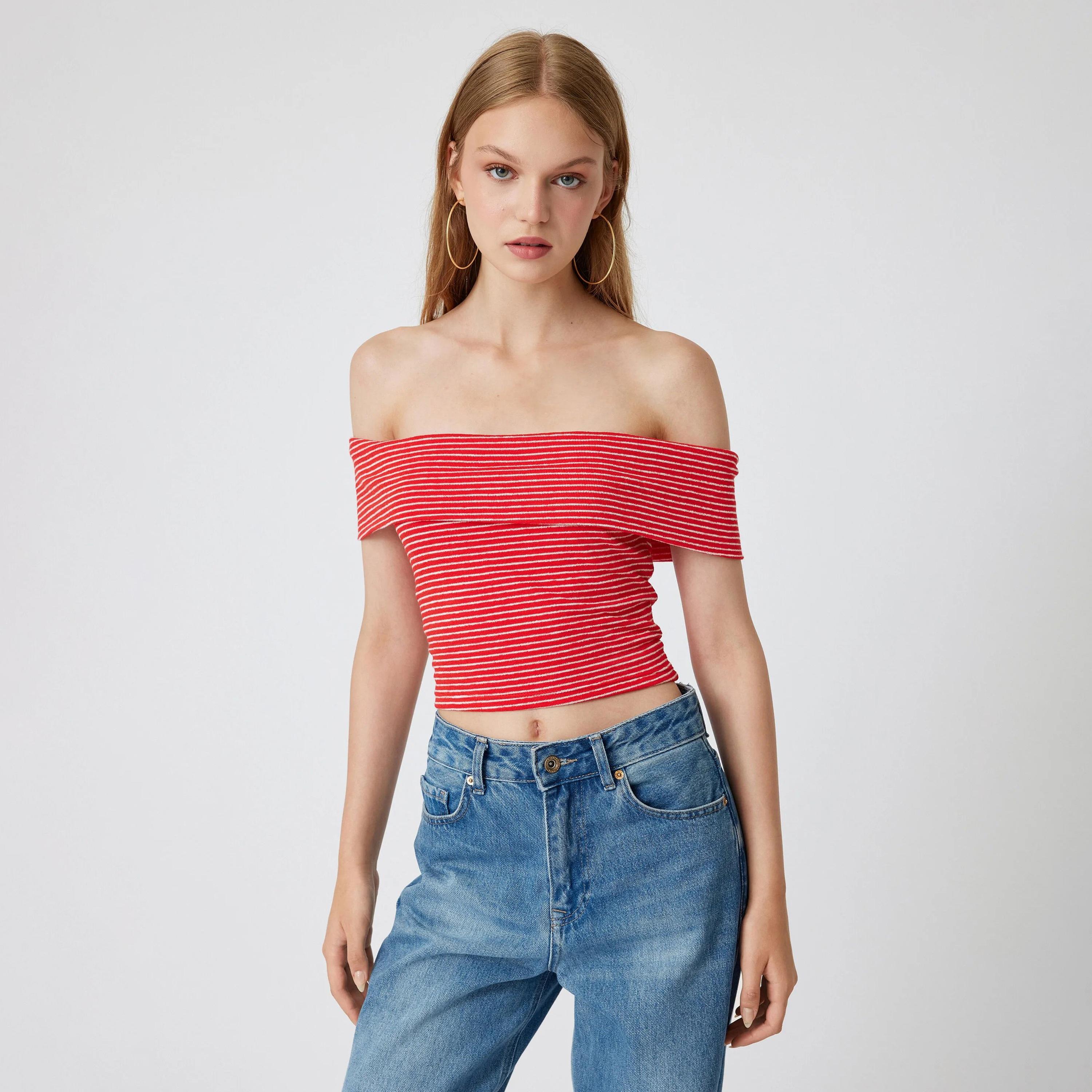 KOTON Striped Cotton Off-shoulder Women's Top-women-clothing-shirtsandblouses-blouses-image-1