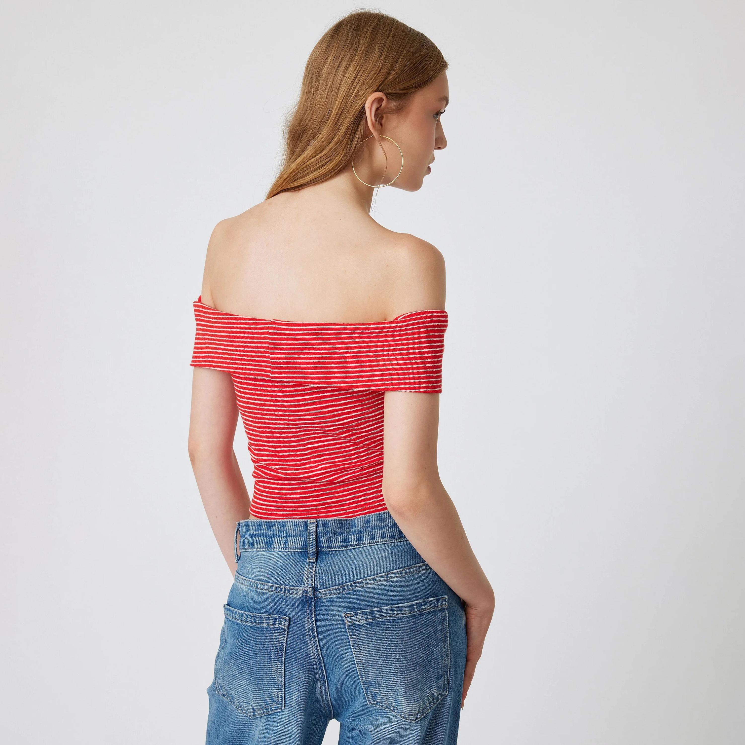 KOTON Striped Cotton Off-shoulder Women's Top-women-clothing-shirtsandblouses-blouses-image-3