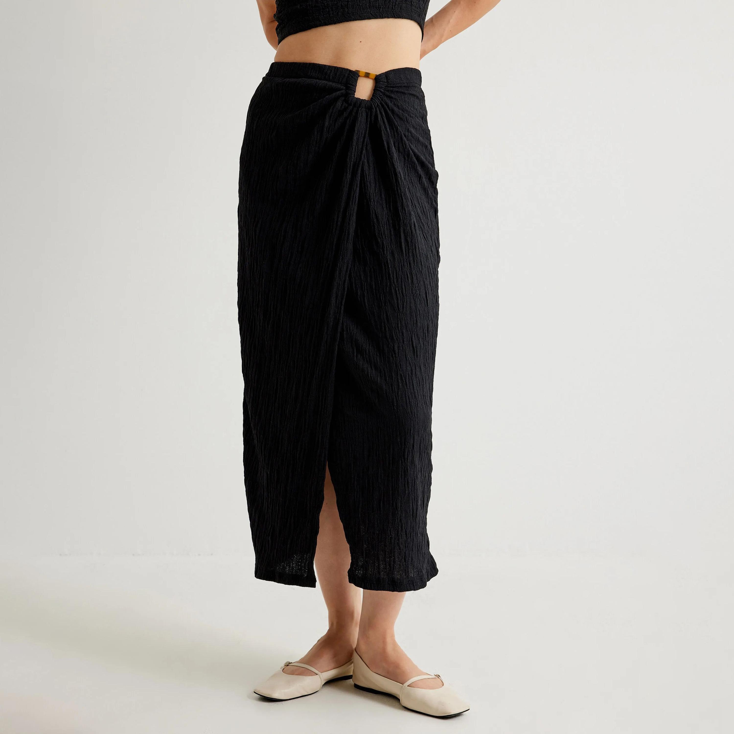 تنورة نسائية سوداء ذات خصر مطاطي من كوتون-women-clothing-bottoms-skirts-image-1