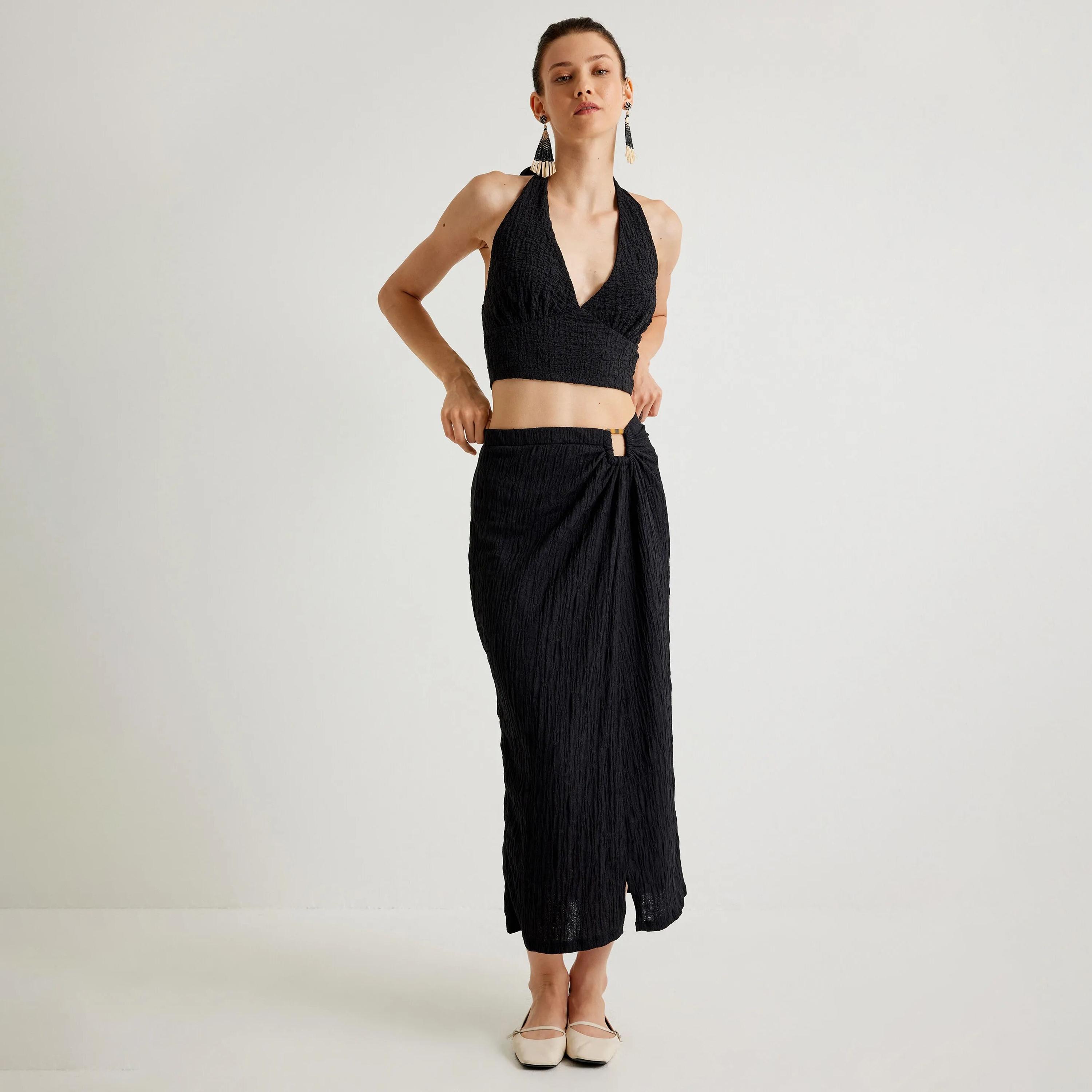 KOTON Black Textured Elasticated Waist Women's Skirt-women-clothing-bottoms-skirts-image-2