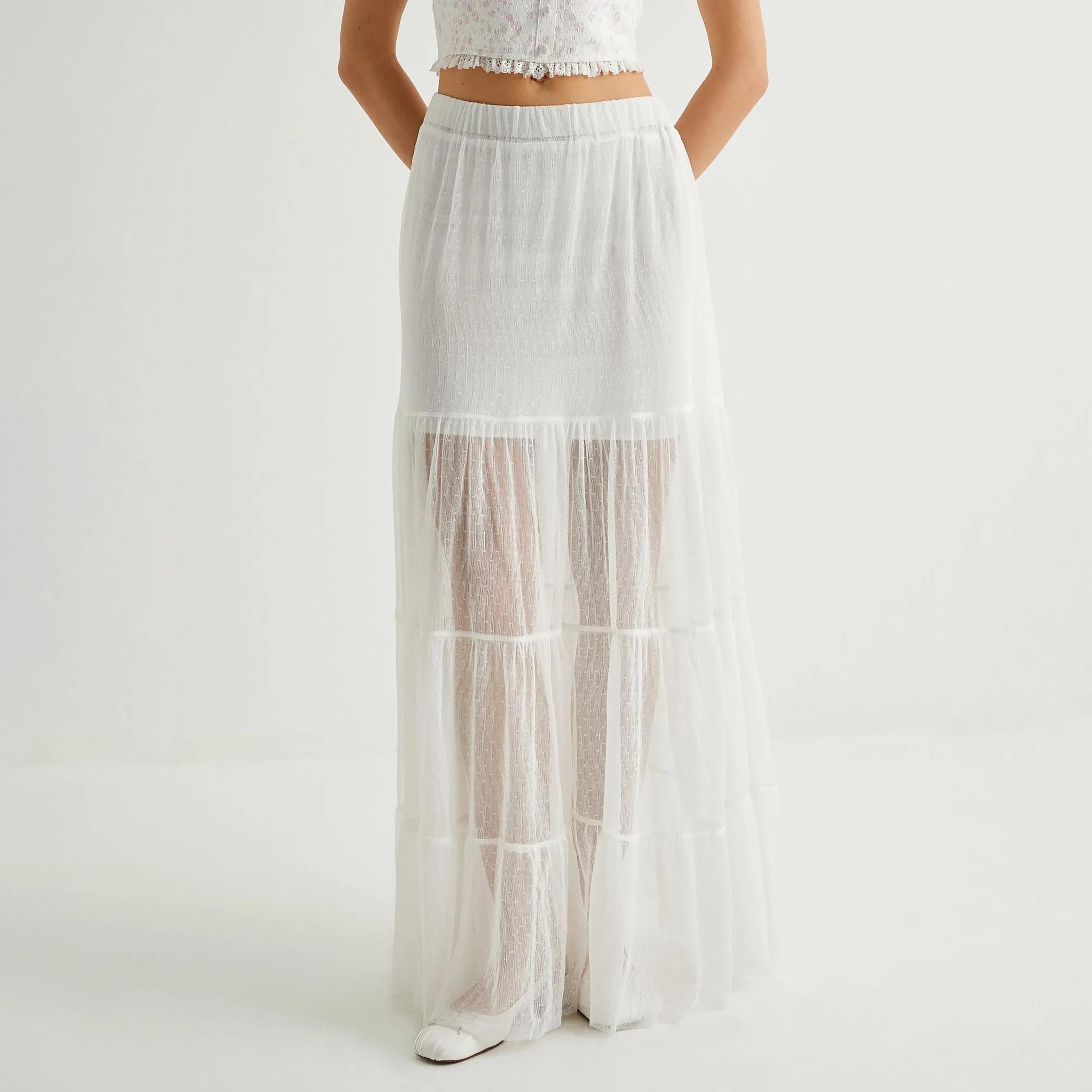 تنورة نسائية بيضاء شبه شفافة بخصر مطاطي من كوتون-women-clothing-bottoms-skirts-image-1