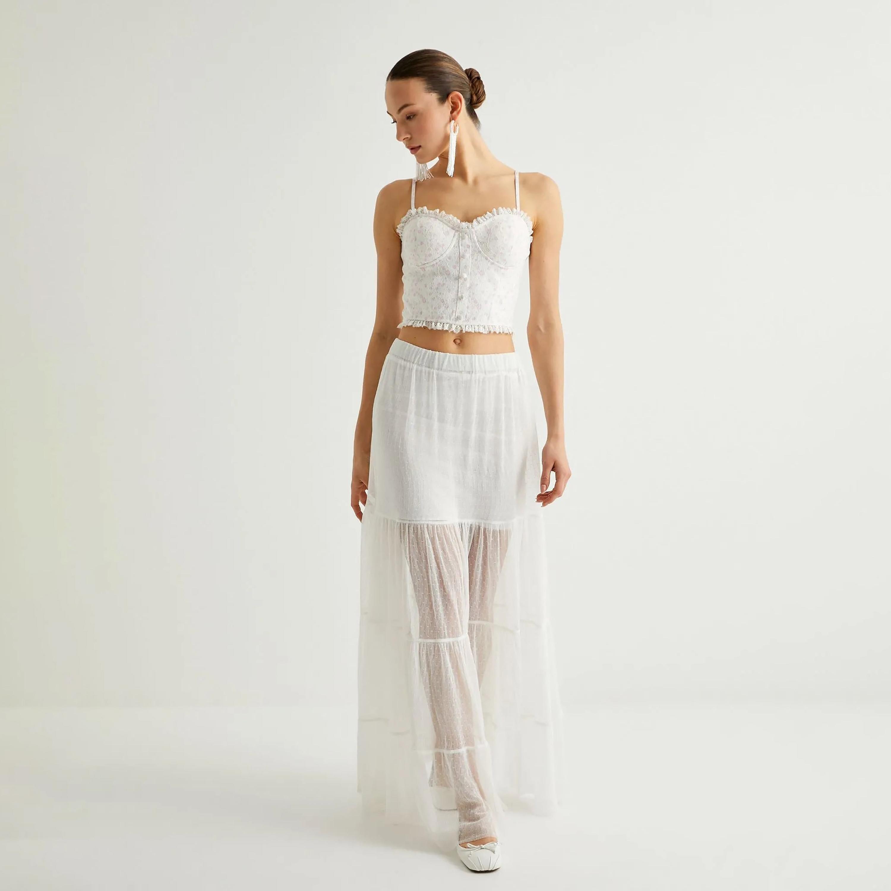 تنورة نسائية بيضاء شبه شفافة بخصر مطاطي من كوتون-women-clothing-bottoms-skirts-image-2