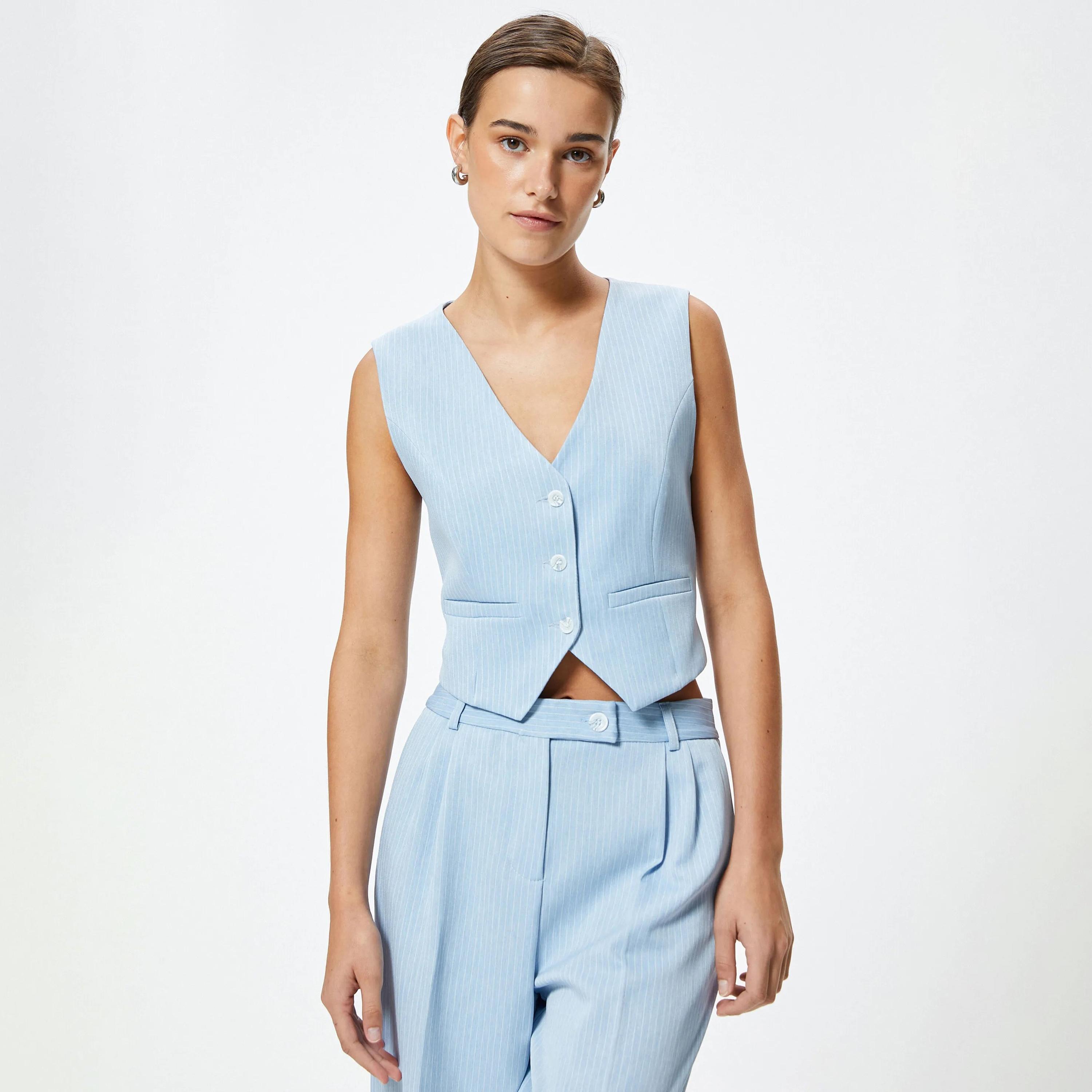 KOTON Blue Striped Women's Waistcoat-women-winterwear-coatsandjackets-waistcoats-image-1