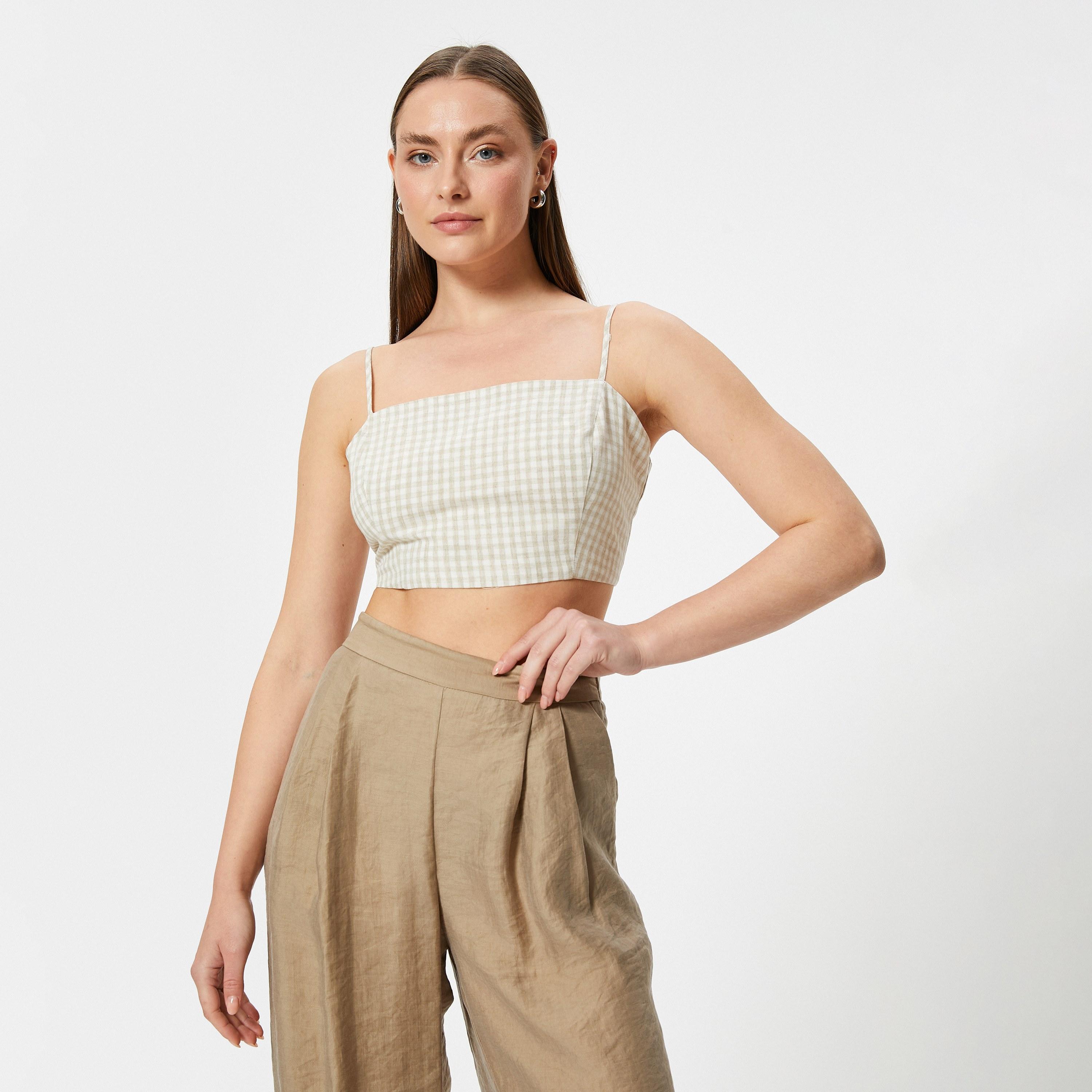 KOTON Green Checked Linen Shoulder Straps Women's Tank Top-women-clothing-shirtsandblouses-blouses-image-1