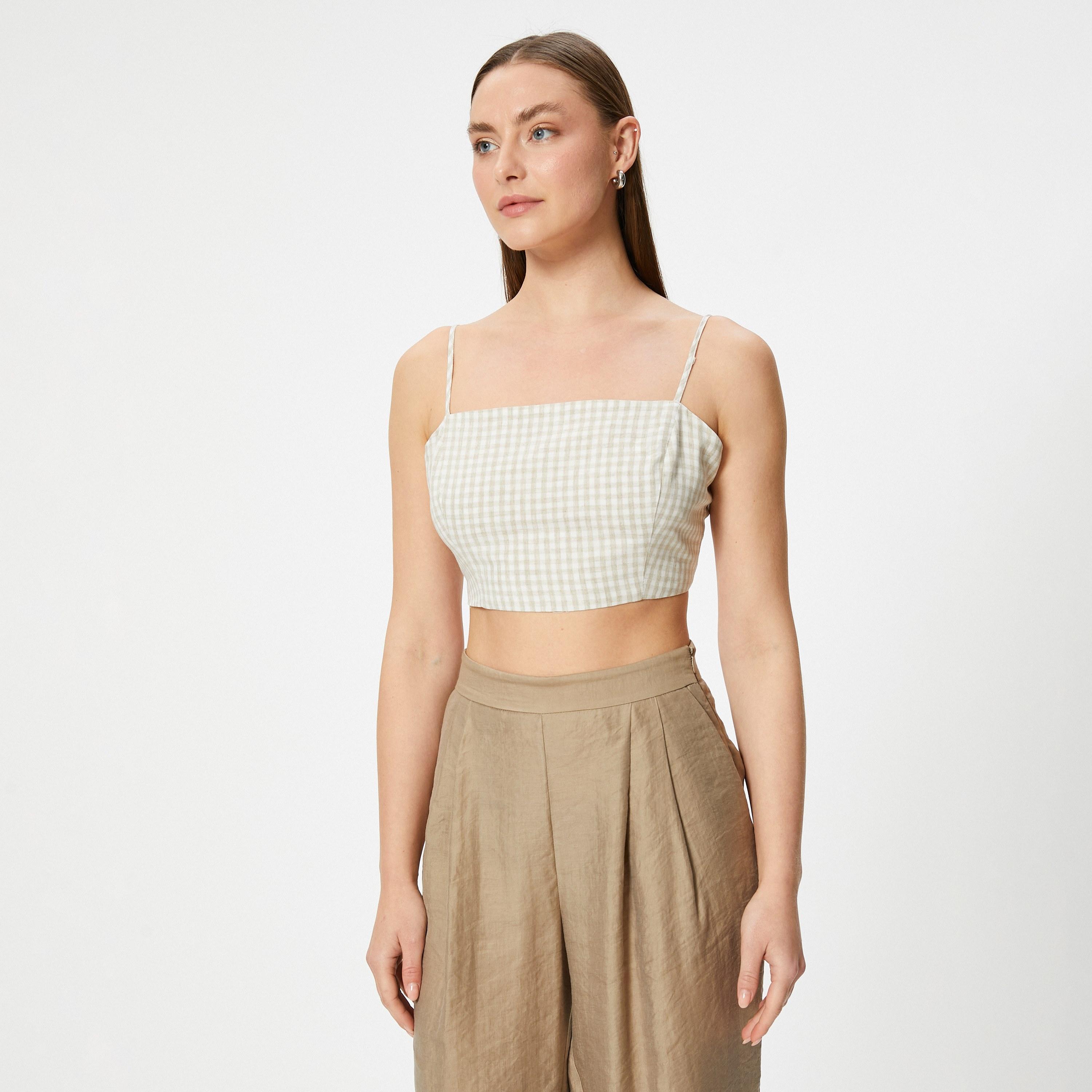 KOTON Green Checked Linen Shoulder Straps Women's Tank Top-women-clothing-shirtsandblouses-blouses-image-4