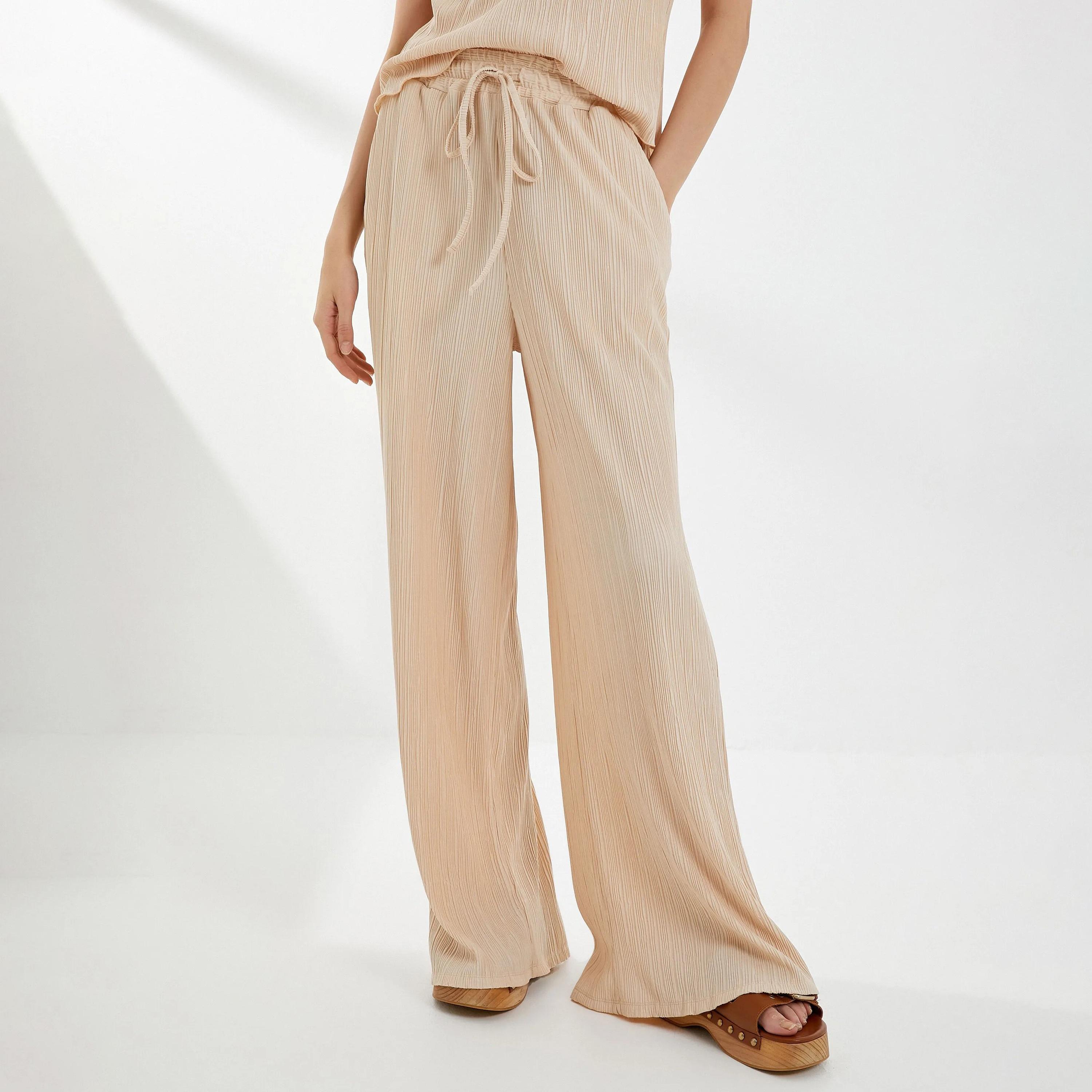 KOTON Beige Textured Drawstring Waist Women's Trousers-women-clothing-bottoms-trousers-image-1