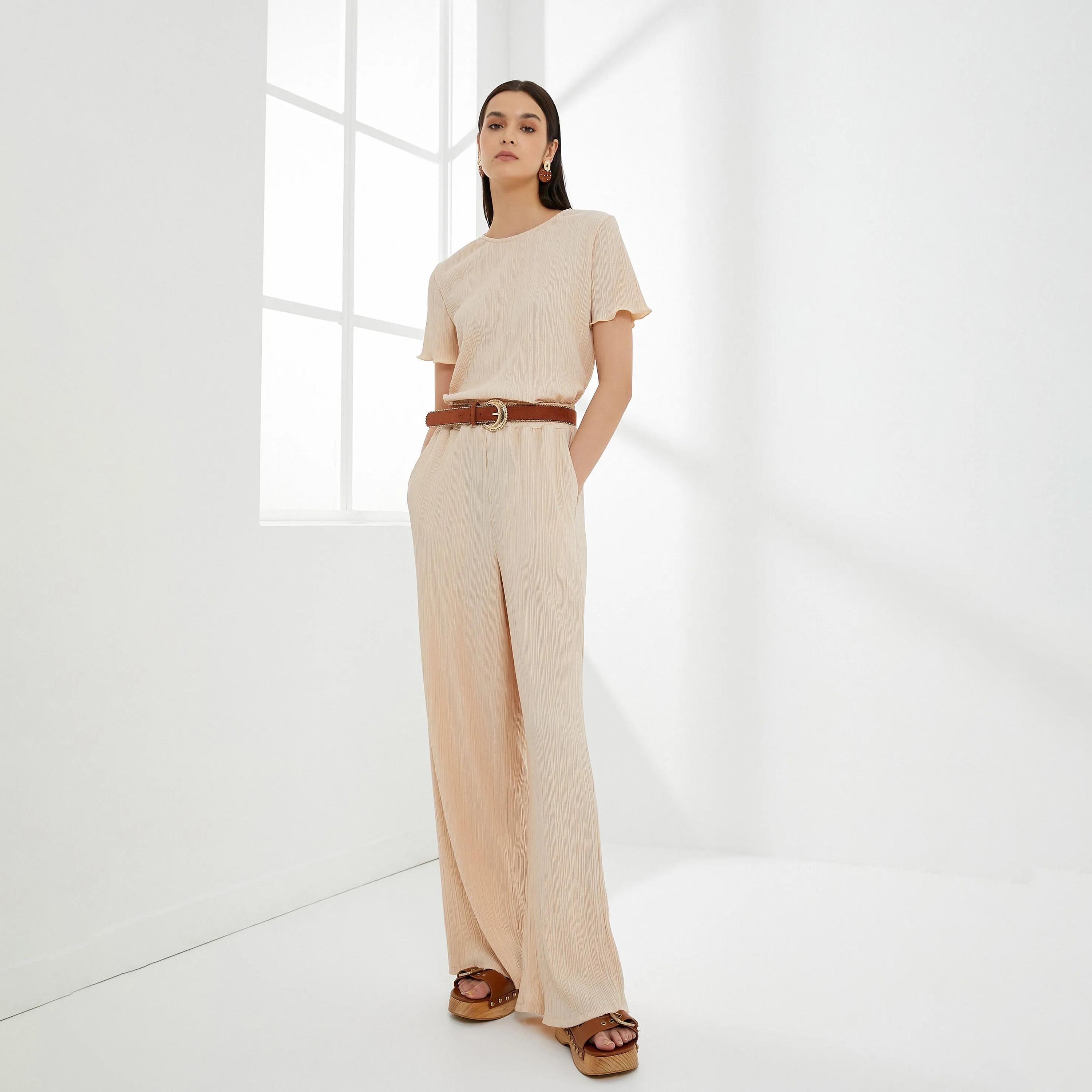KOTON Beige Textured Drawstring Waist Women's Trousers-women-clothing-bottoms-trousers-image-2