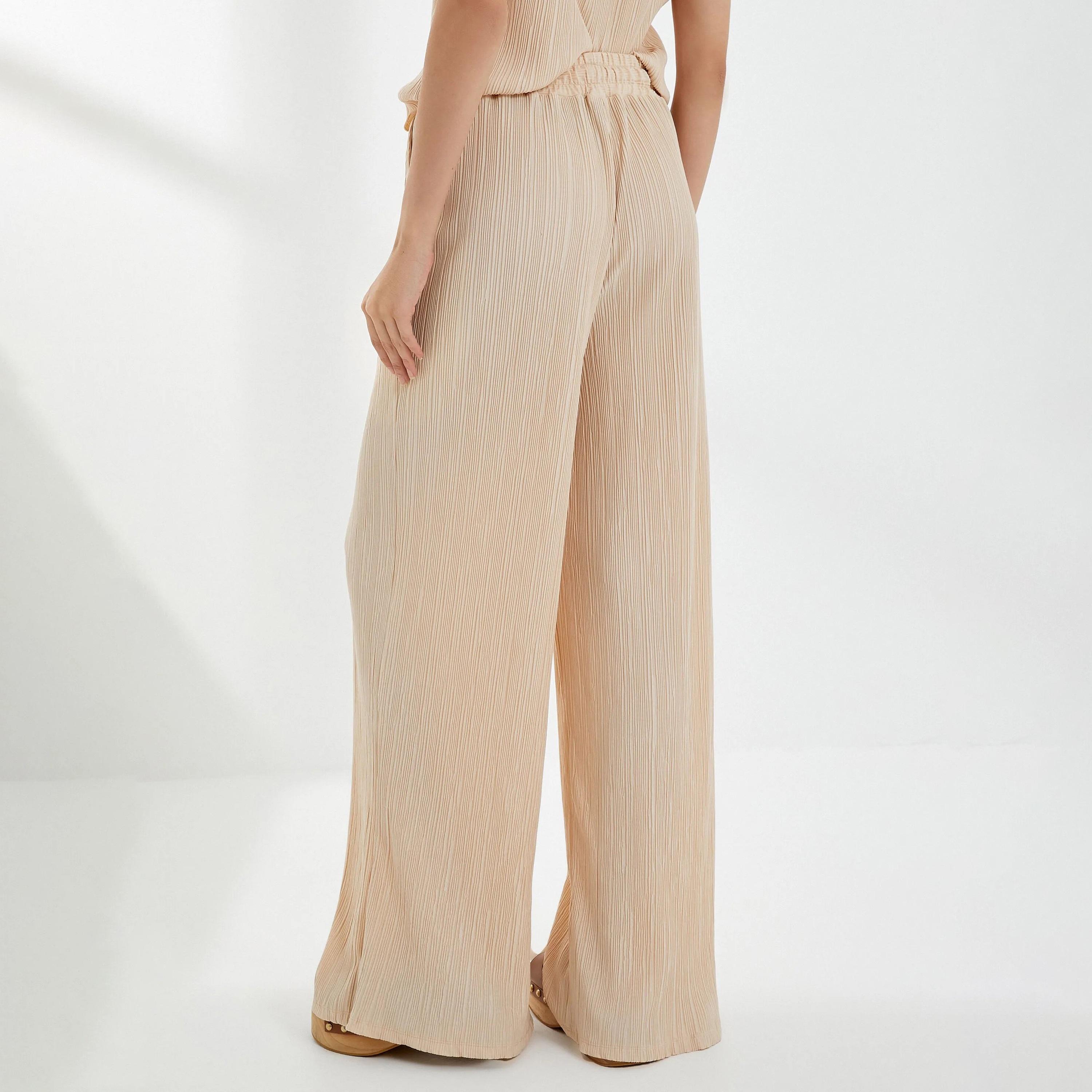 KOTON Beige Textured Drawstring Waist Women's Trousers-women-clothing-bottoms-trousers-image-3