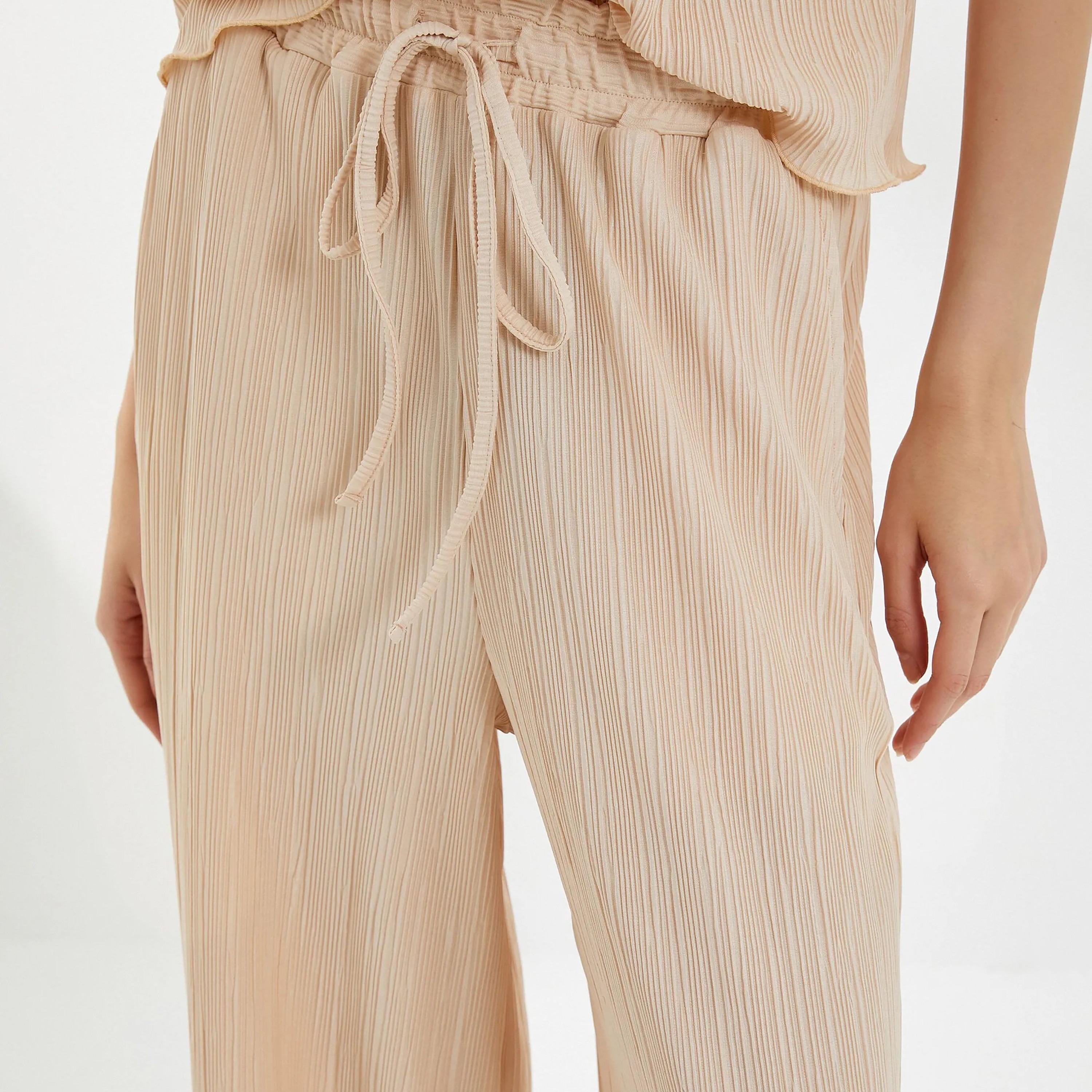 KOTON Beige Textured Drawstring Waist Women's Trousers-women-clothing-bottoms-trousers-image-4