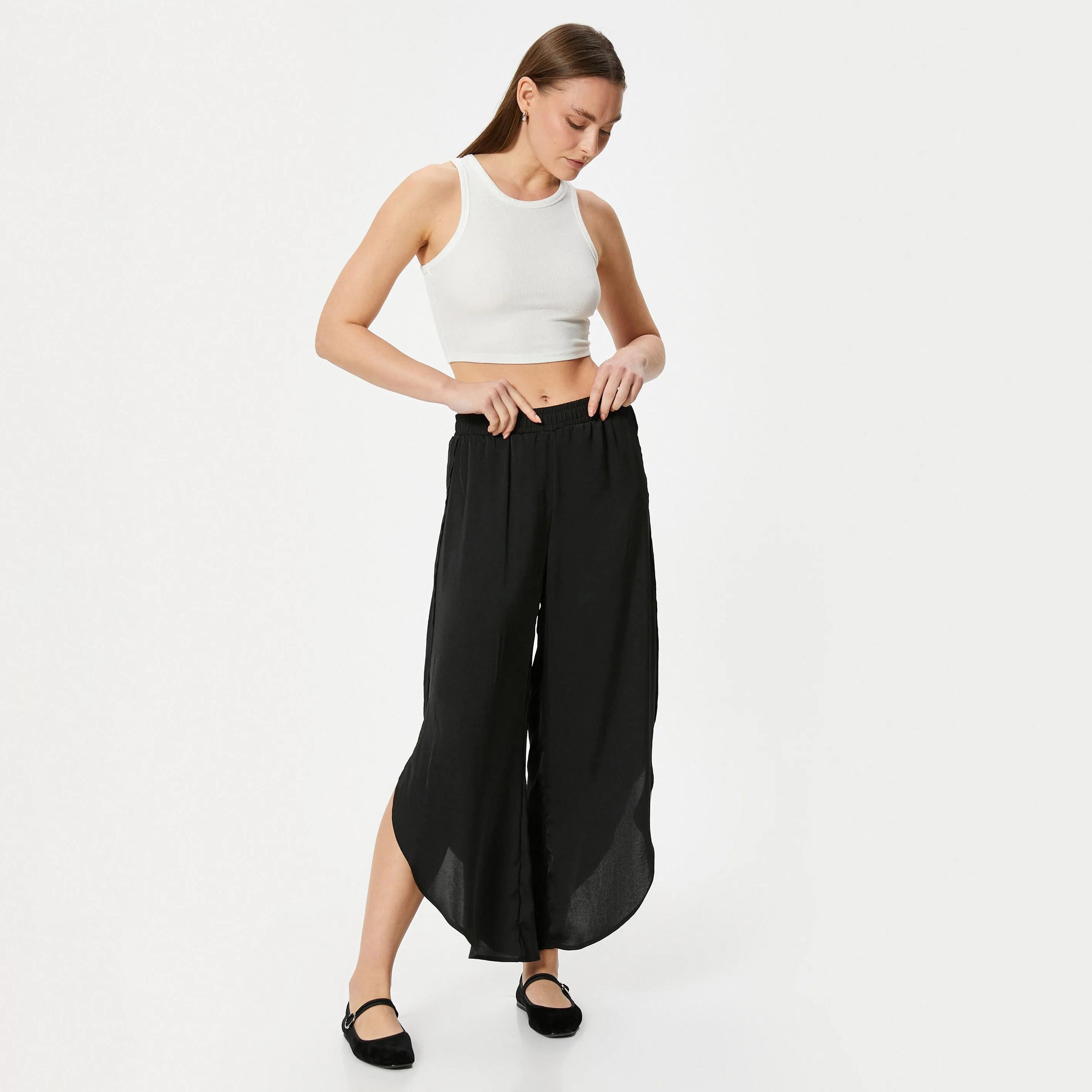 بنطلون نسائي أسود بخصر مطاطي من كوتون-women-clothing-bottoms-trousers-image-2