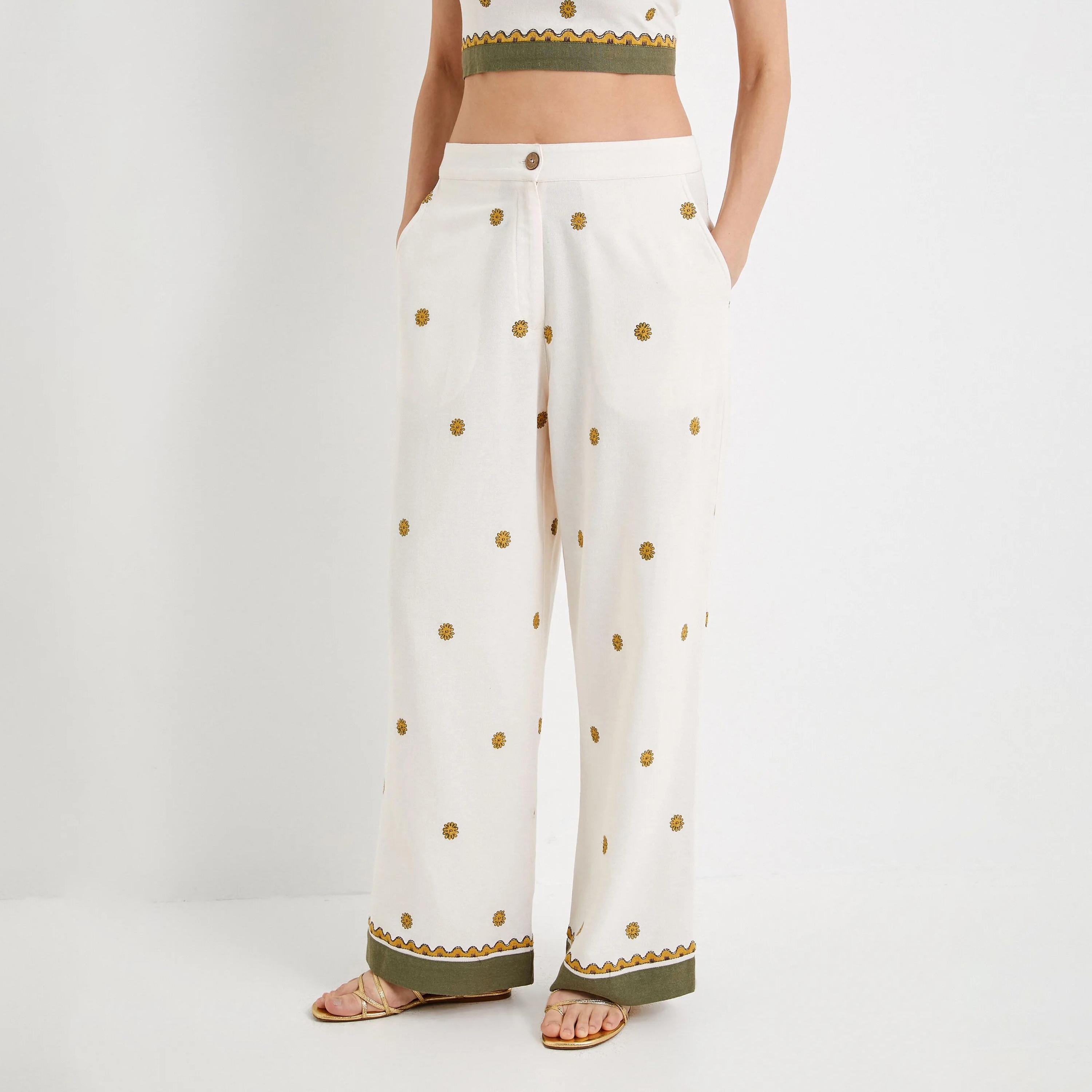 KOTON White Embroidered Button and Zip Fly Women's Trousers-women-clothing-bottoms-trousers-image-1