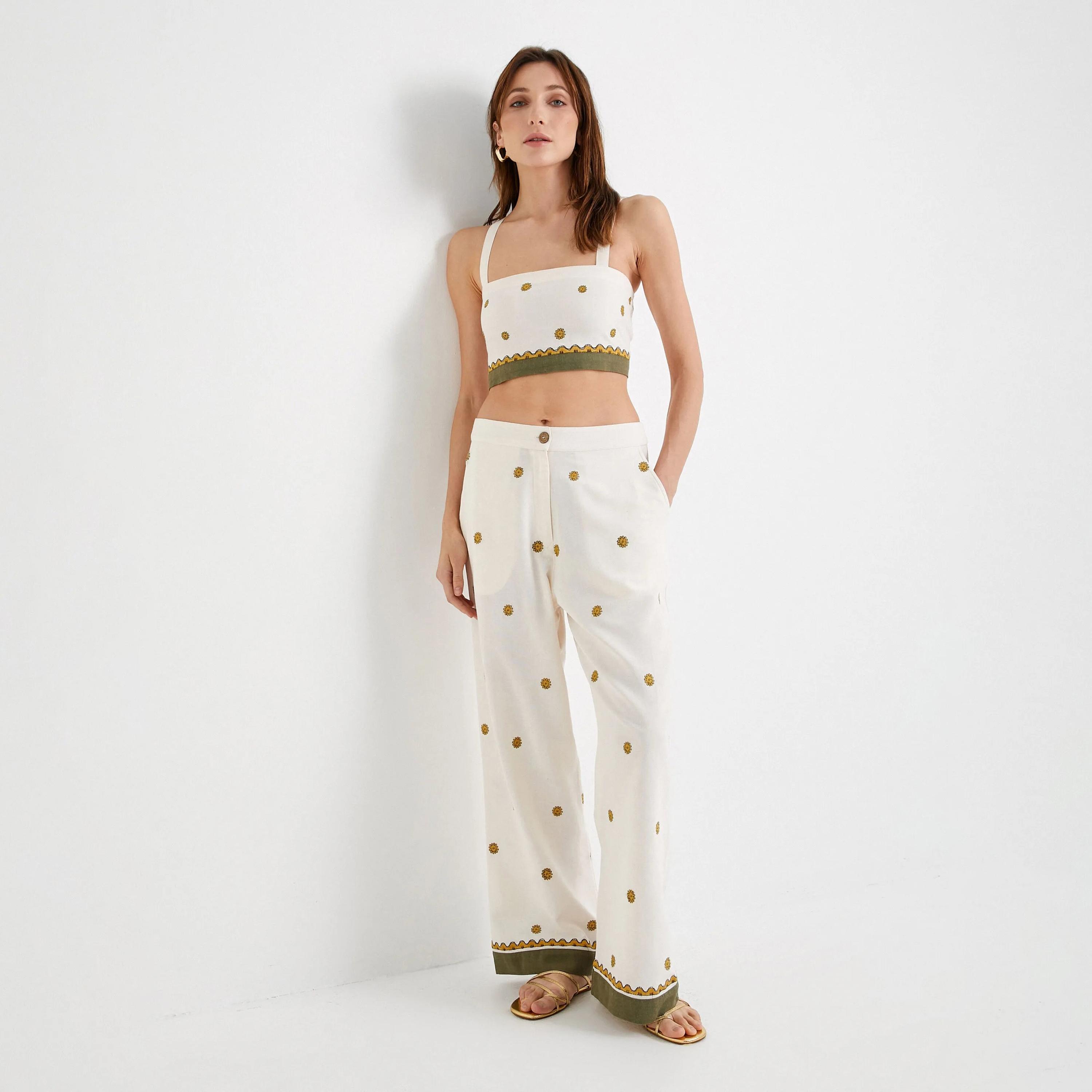 KOTON White Embroidered Button and Zip Fly Women's Trousers-women-clothing-bottoms-trousers-image-2