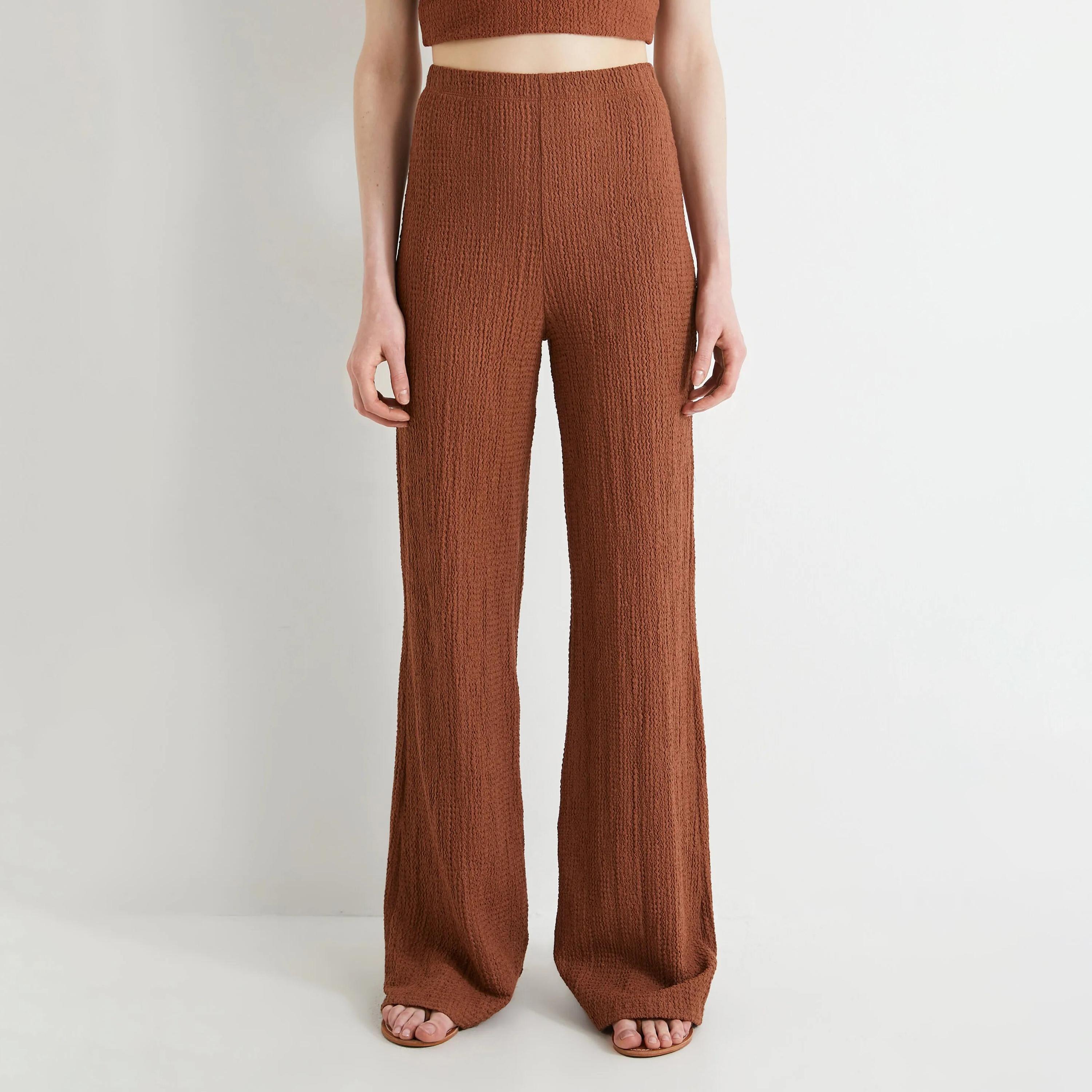 KOTON Brown Textured Elasticated Waist Women's Trousers-women-clothing-bottoms-trousers-image-1
