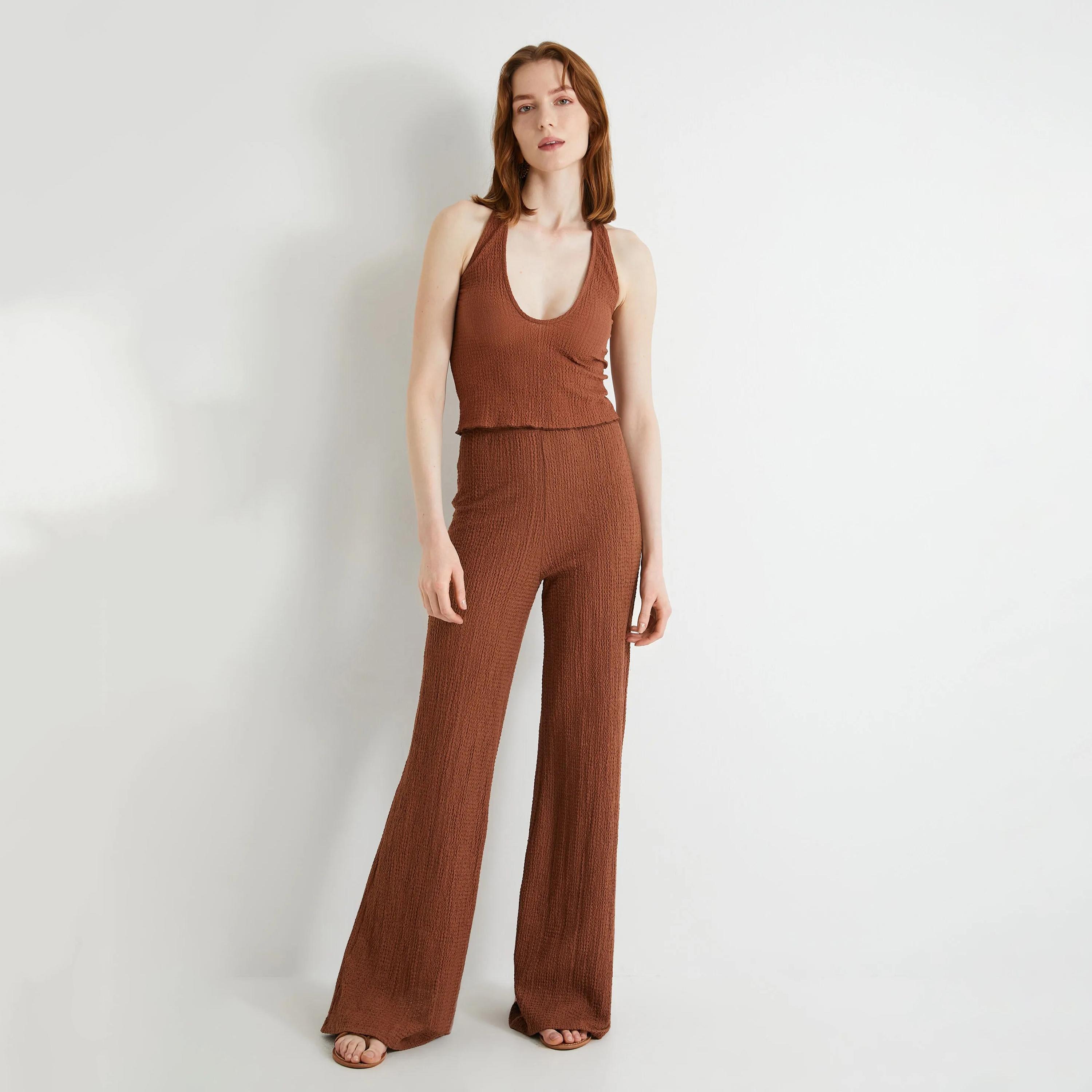 KOTON Brown Textured Elasticated Waist Women's Trousers-women-clothing-bottoms-trousers-image-2