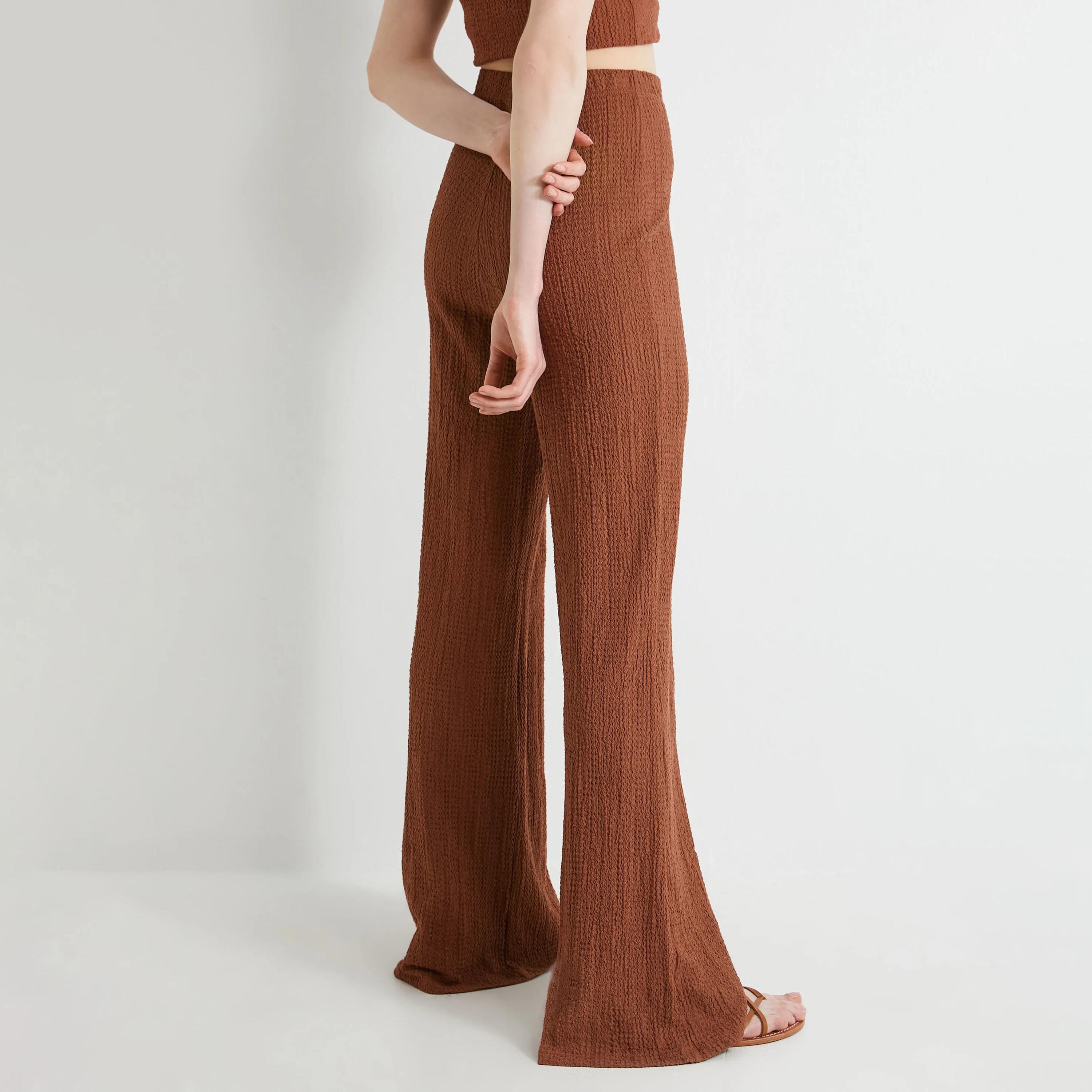 KOTON Brown Textured Elasticated Waist Women's Trousers-women-clothing-bottoms-trousers-image-3