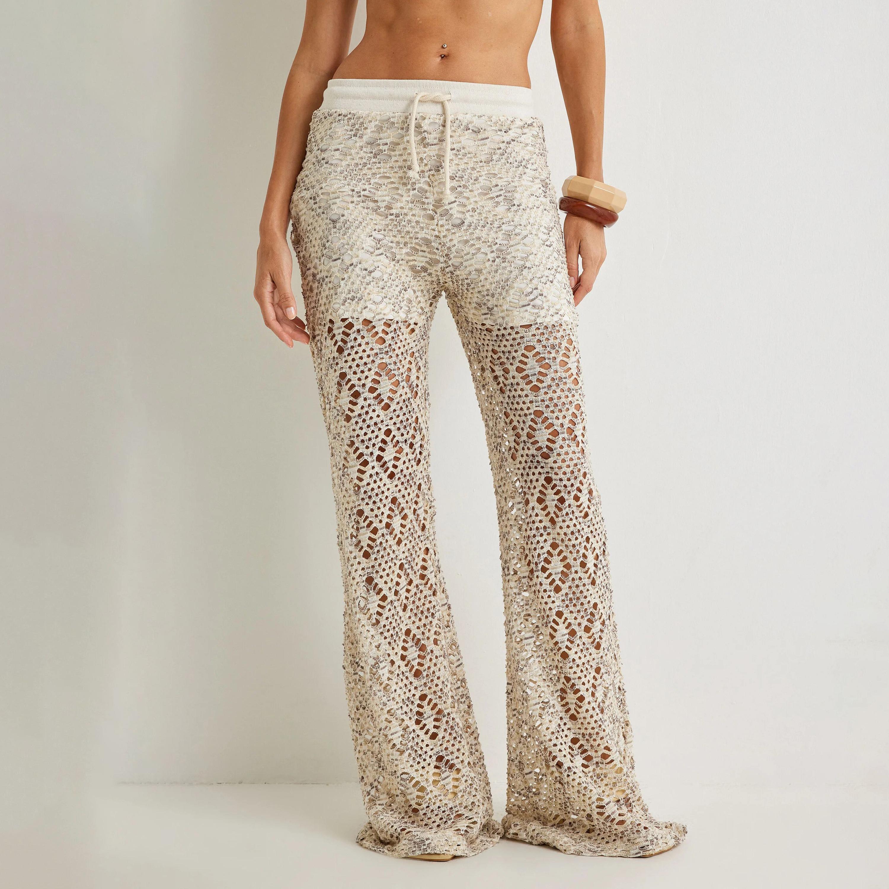 بنطلون نسائي بيج اللون بكروشيه ورباط خصر من كوتون-women-clothing-bottoms-trousers-image-1