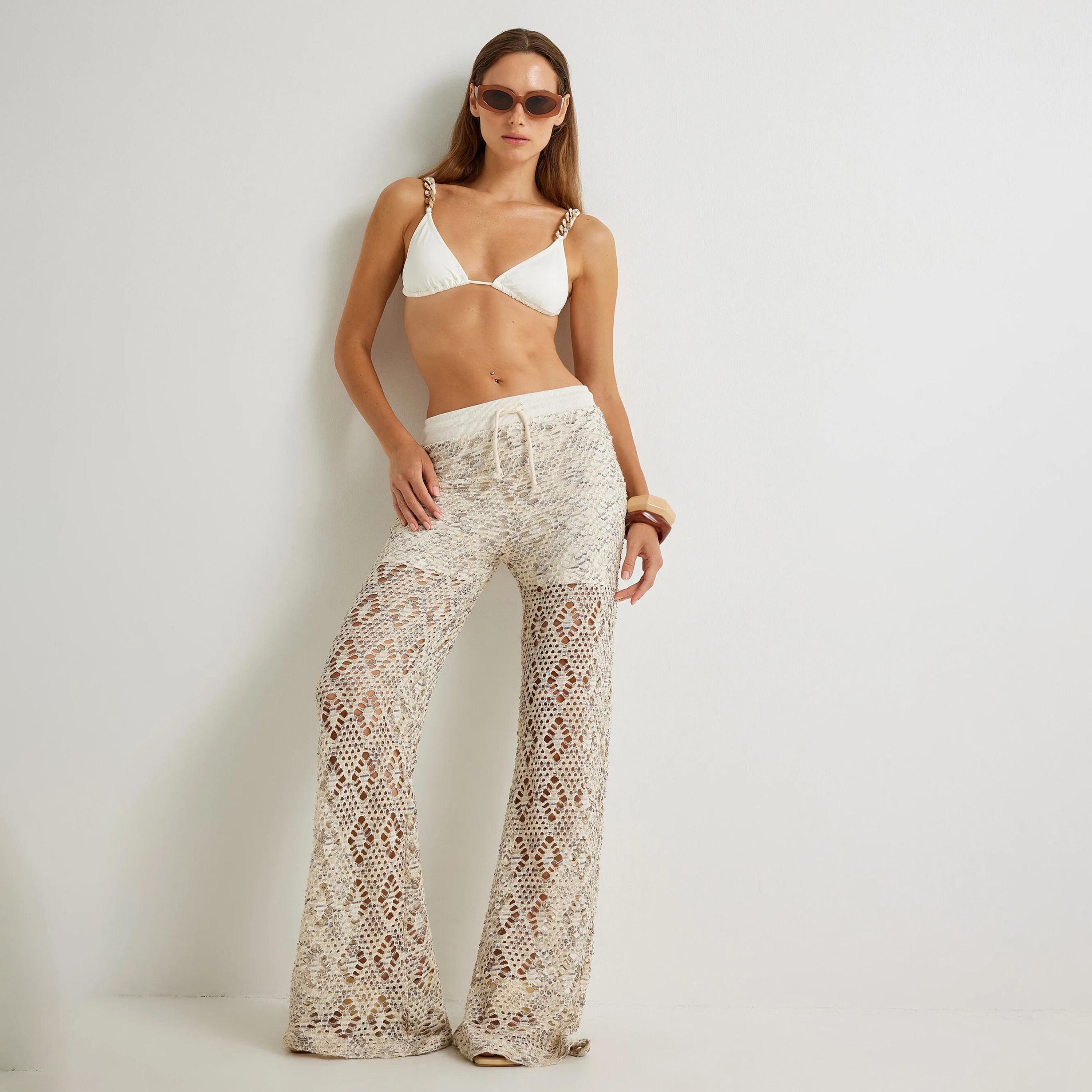 KOTON Beige Crochet Drawstring Waist Women's Trousers-women-clothing-bottoms-trousers-image-2