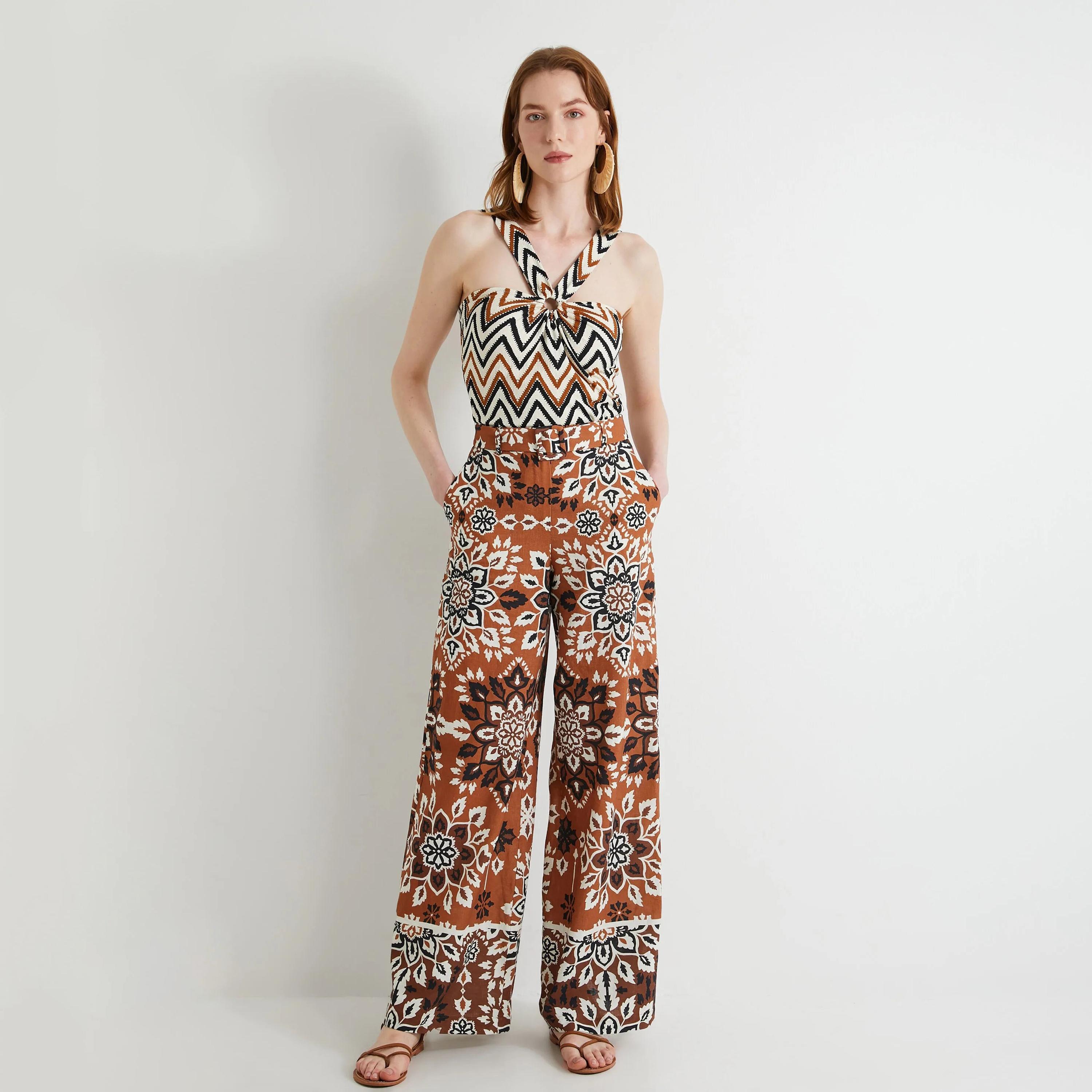 KOTON Brown Printed Button Women's Trousers-women-clothing-bottoms-trousers-image-2
