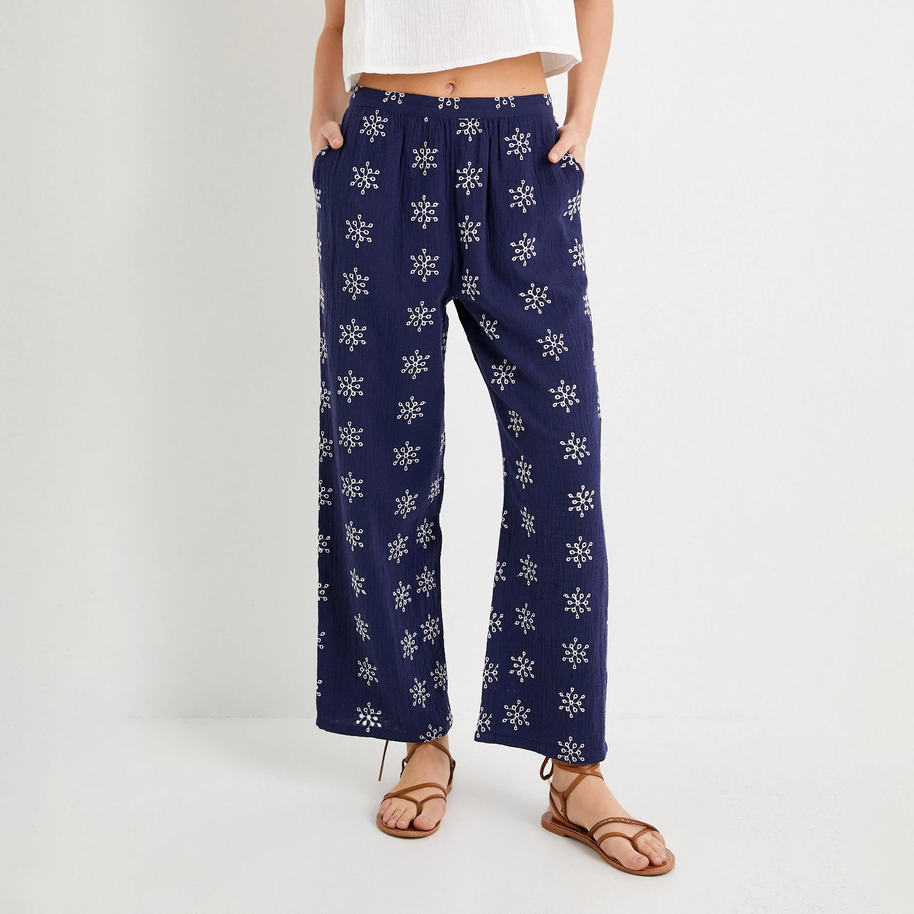 KOTON Blue Embroidered Elasticated Waist Women's Trousers-women-clothing-bottoms-trousers-image-1