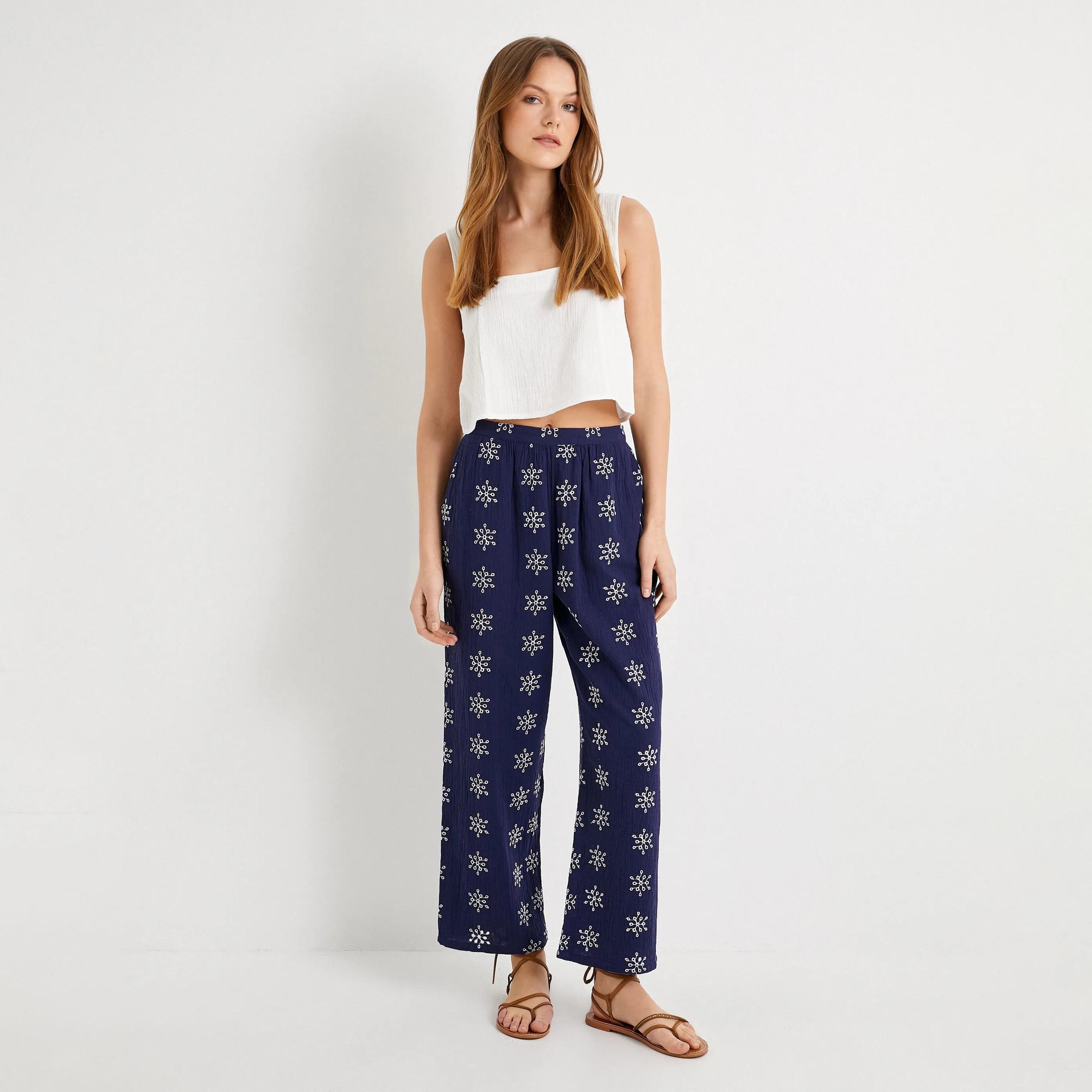 KOTON Blue Embroidered Elasticated Waist Women's Trousers-women-clothing-bottoms-trousers-image-2