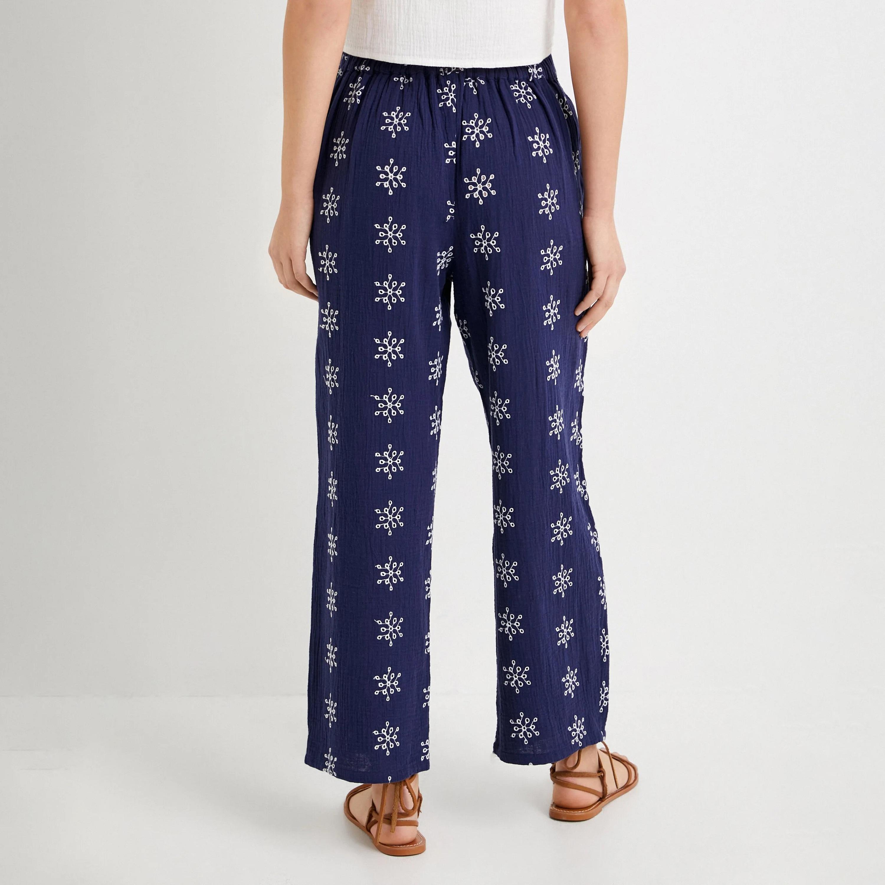KOTON Blue Embroidered Elasticated Waist Women's Trousers-women-clothing-bottoms-trousers-image-3