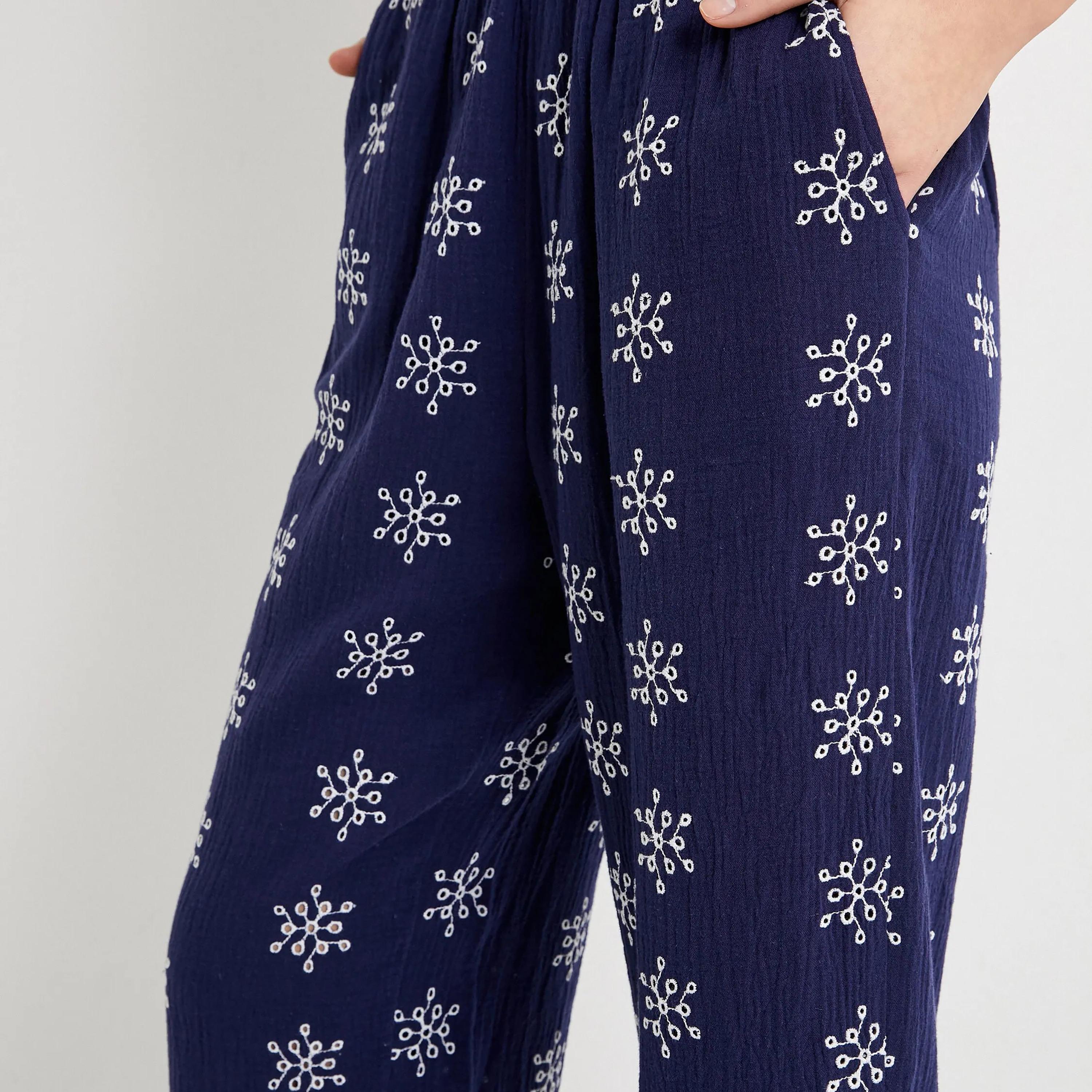 KOTON Blue Embroidered Elasticated Waist Women's Trousers-women-clothing-bottoms-trousers-image-4