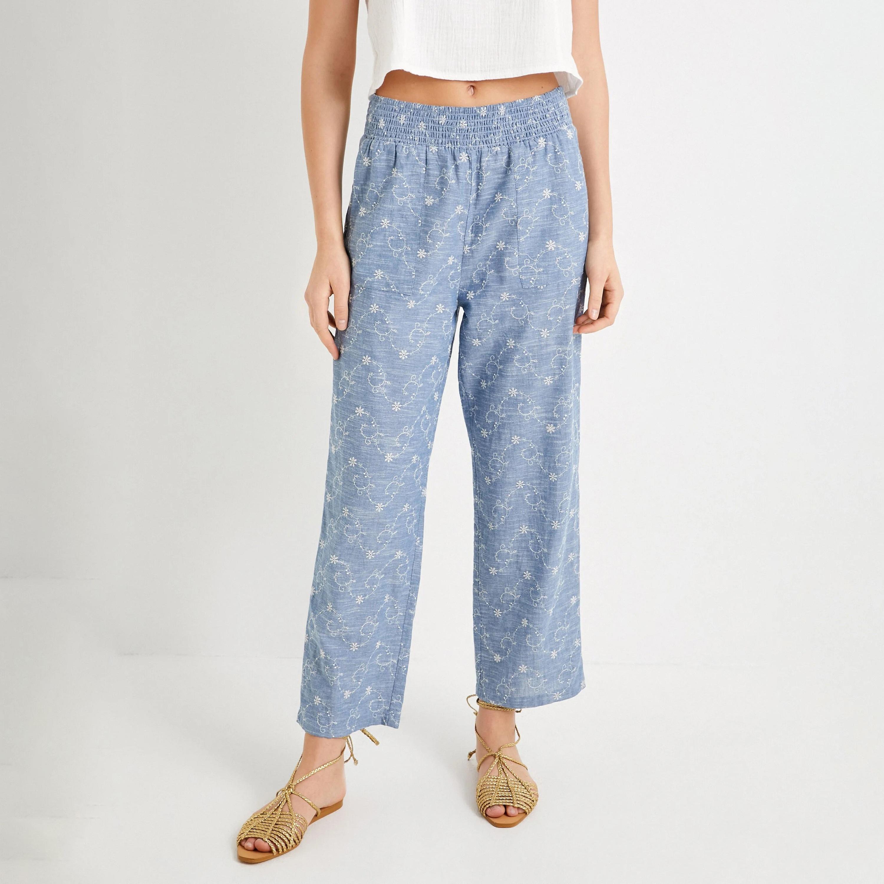 بنطلون نسائي أزرق مطرز بخصر مطاطي من كوتون-women-clothing-bottoms-trousers-image-1