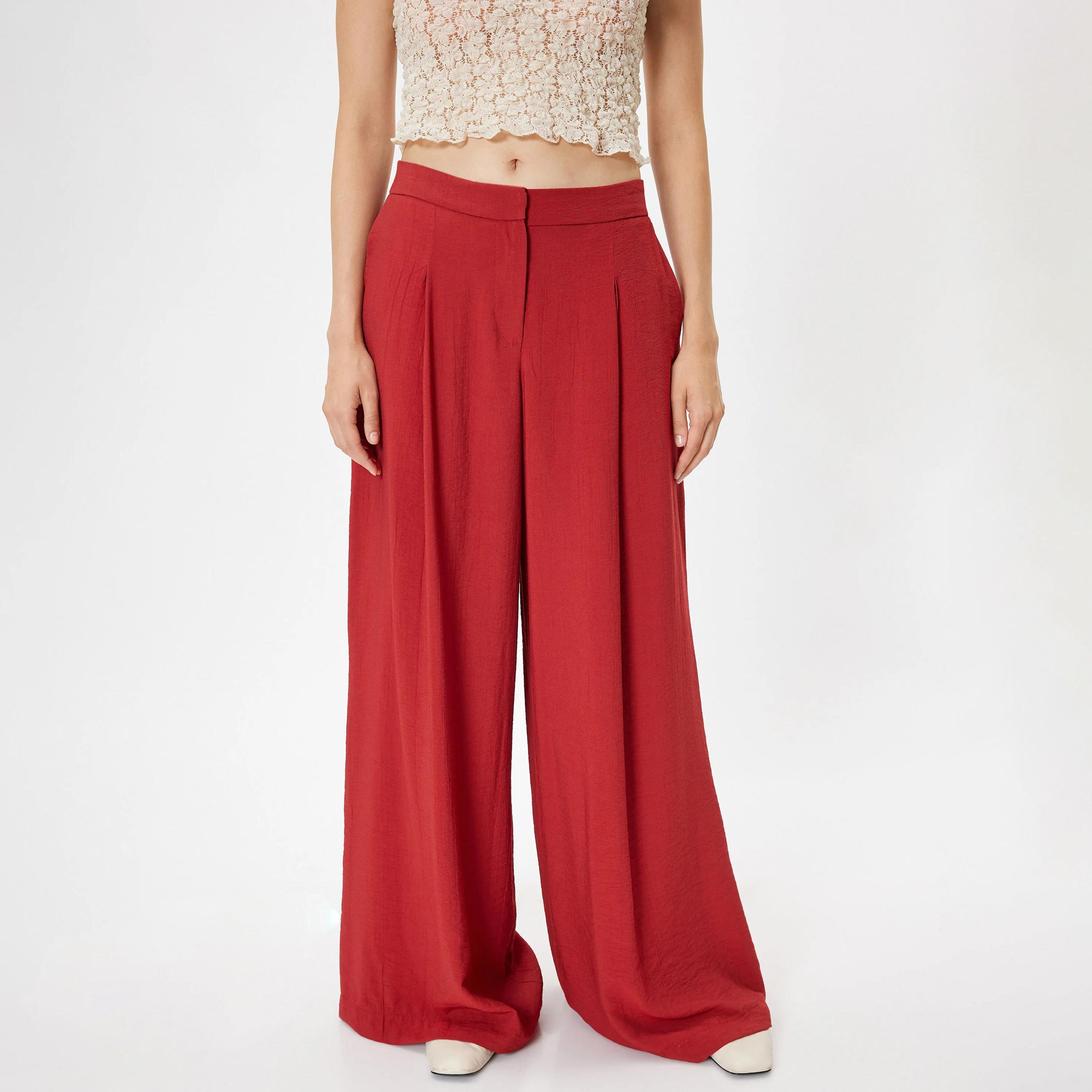 KOTON Red Textured Zipped Women's Trousers-women-clothing-bottoms-trousers-image-1