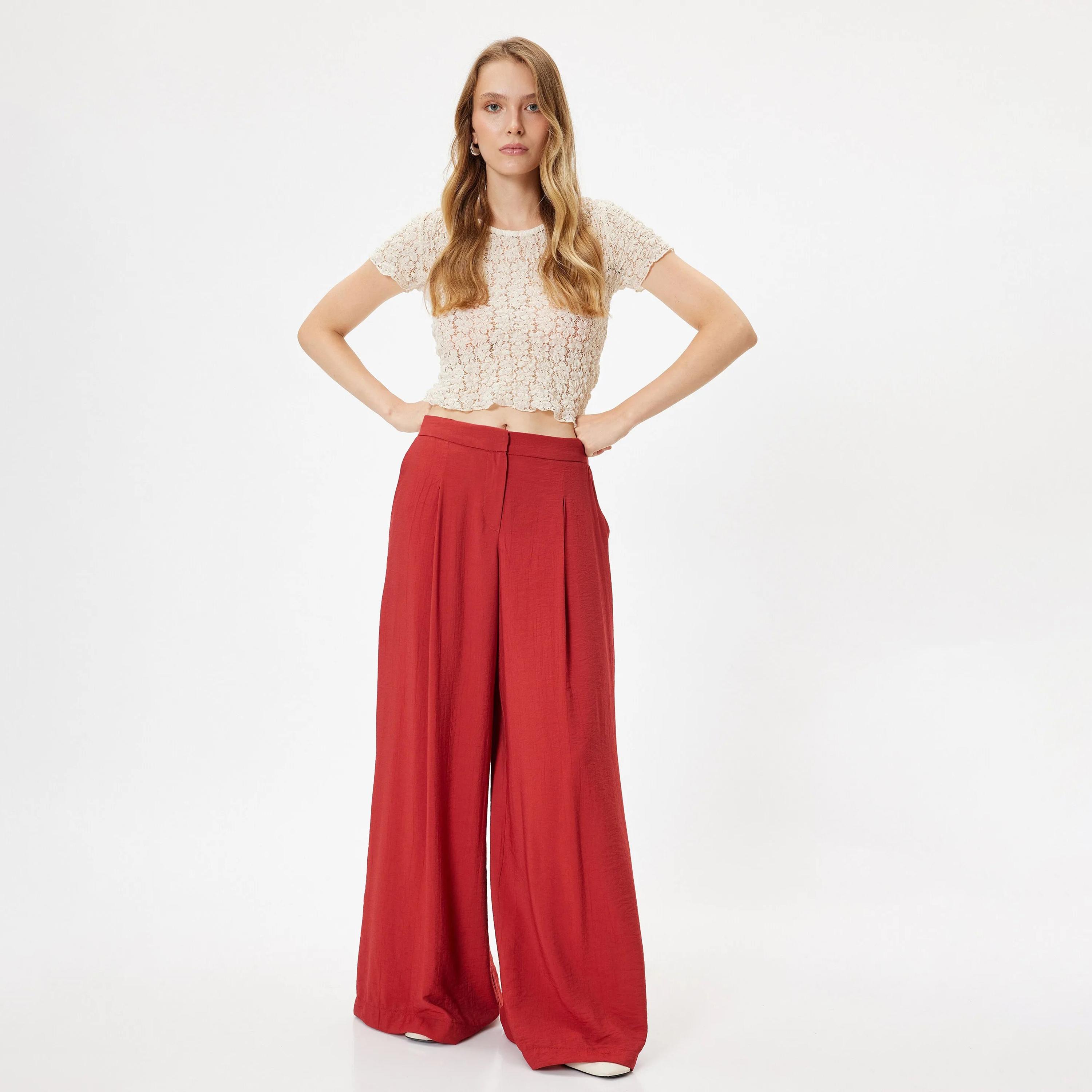 KOTON Red Textured Zipped Women's Trousers-women-clothing-bottoms-trousers-image-2