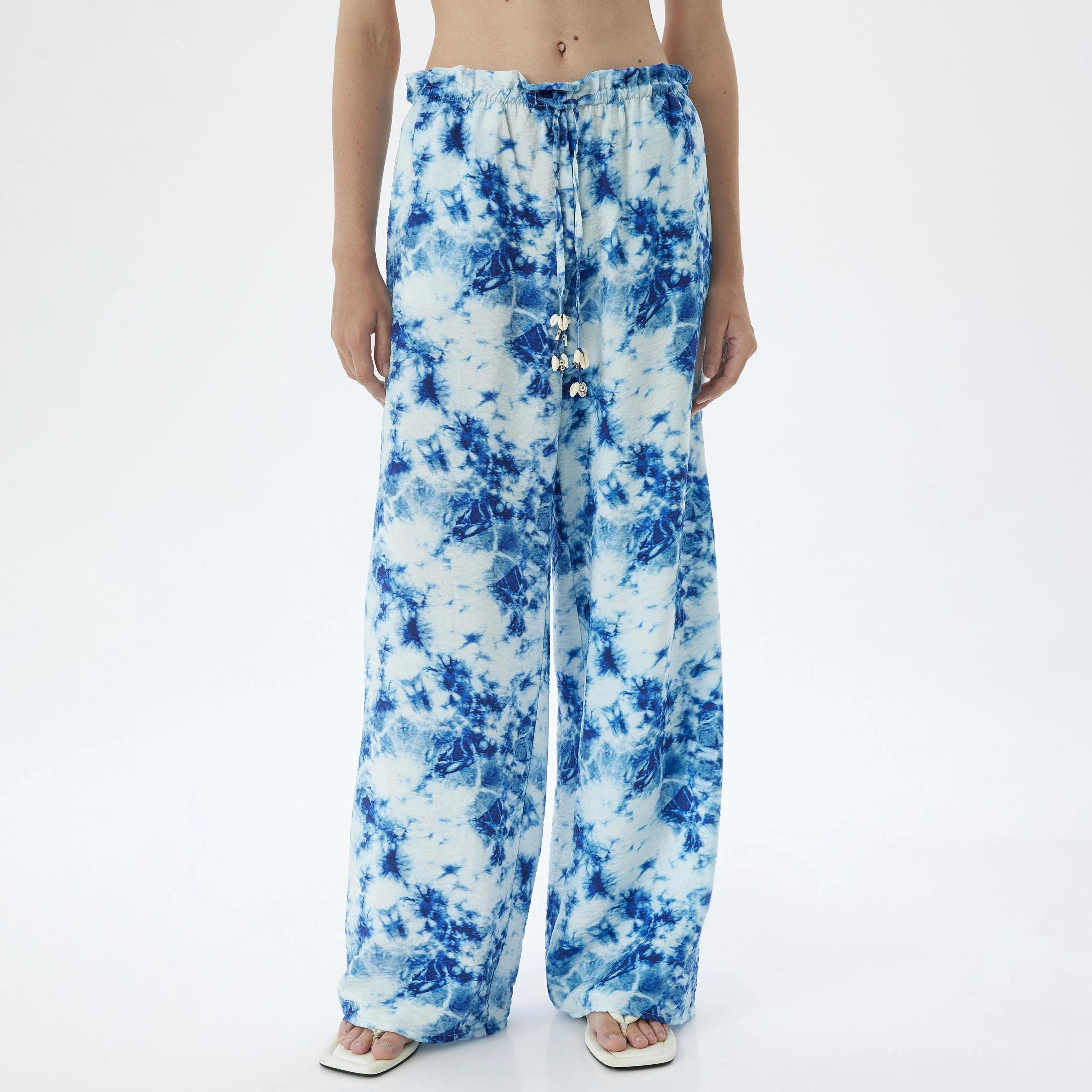 KOTON Blue Tie Dye Drawstring Waist Women's Trousers-women-clothing-bottoms-trousers-image-1