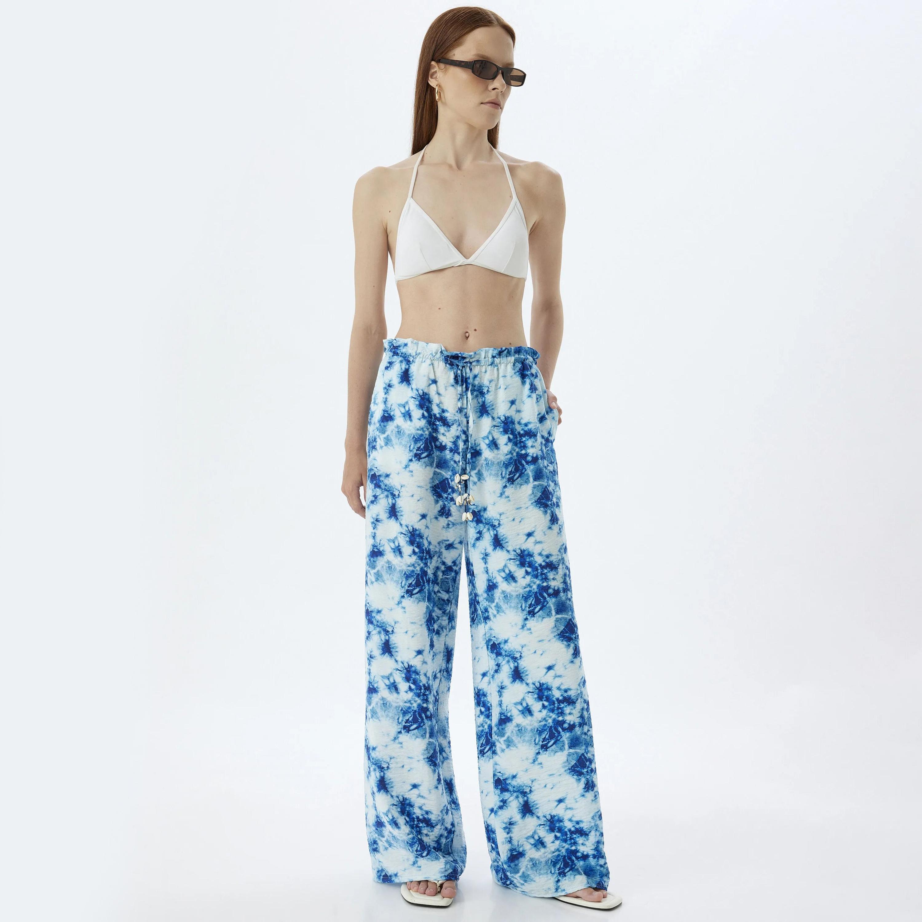 KOTON Blue Tie Dye Drawstring Waist Women's Trousers-women-clothing-bottoms-trousers-image-2