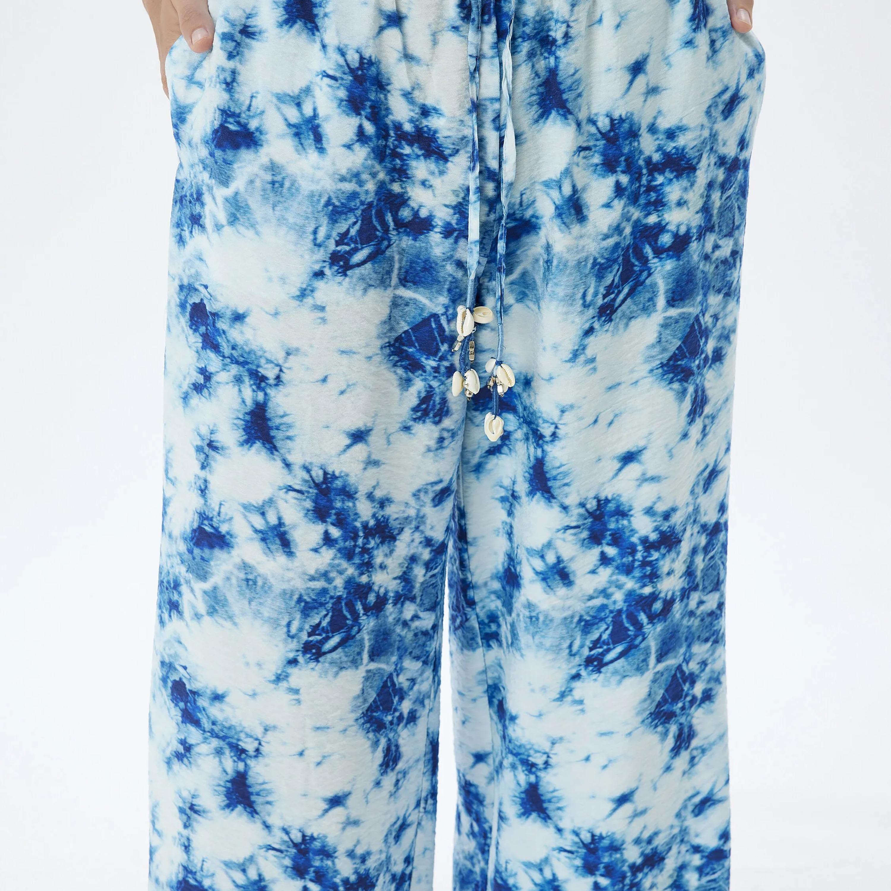 KOTON Blue Tie Dye Drawstring Waist Women's Trousers-women-clothing-bottoms-trousers-image-4