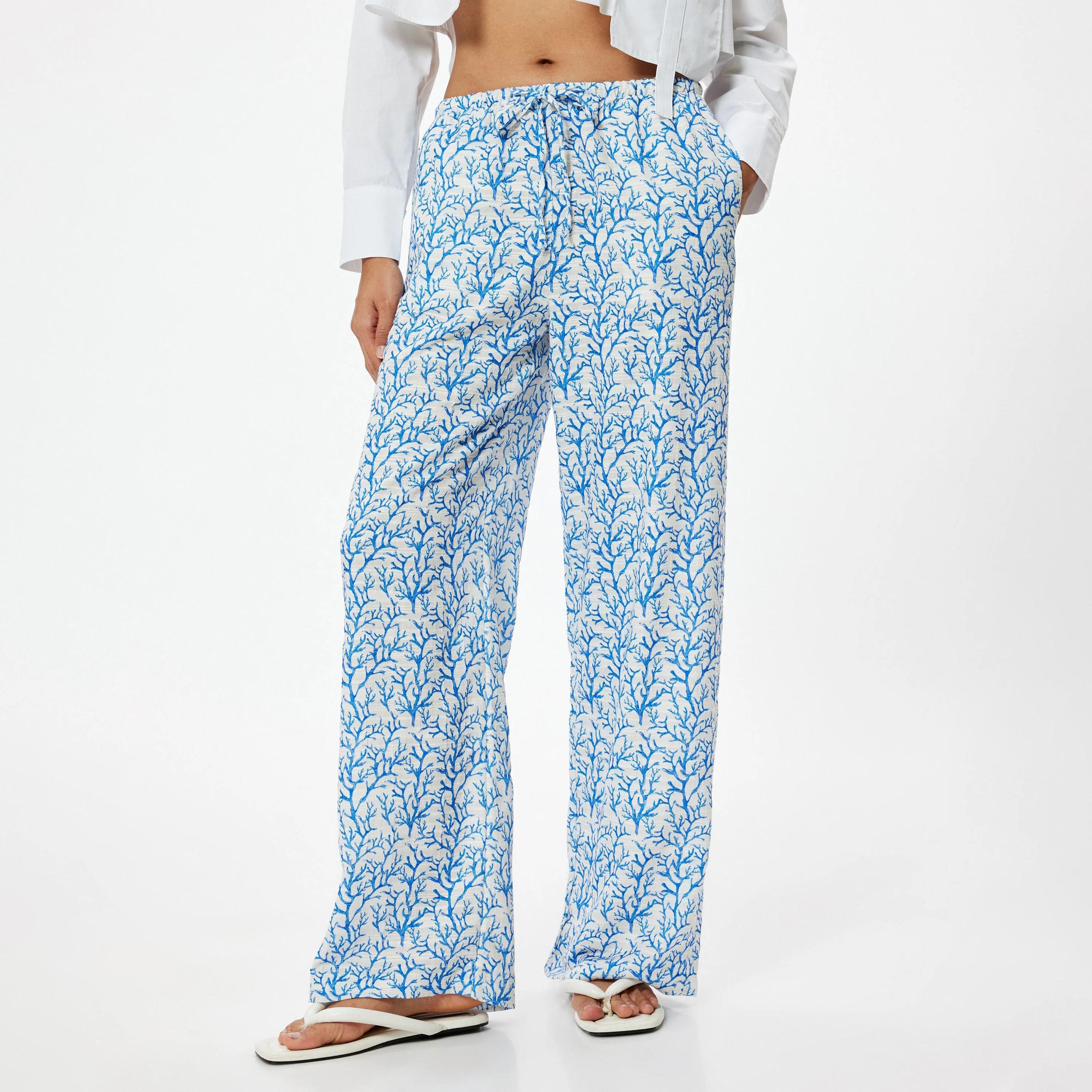 KOTON Blue Printed Drawstring Waist Women's Trousers-women-clothing-bottoms-trousers-image-1