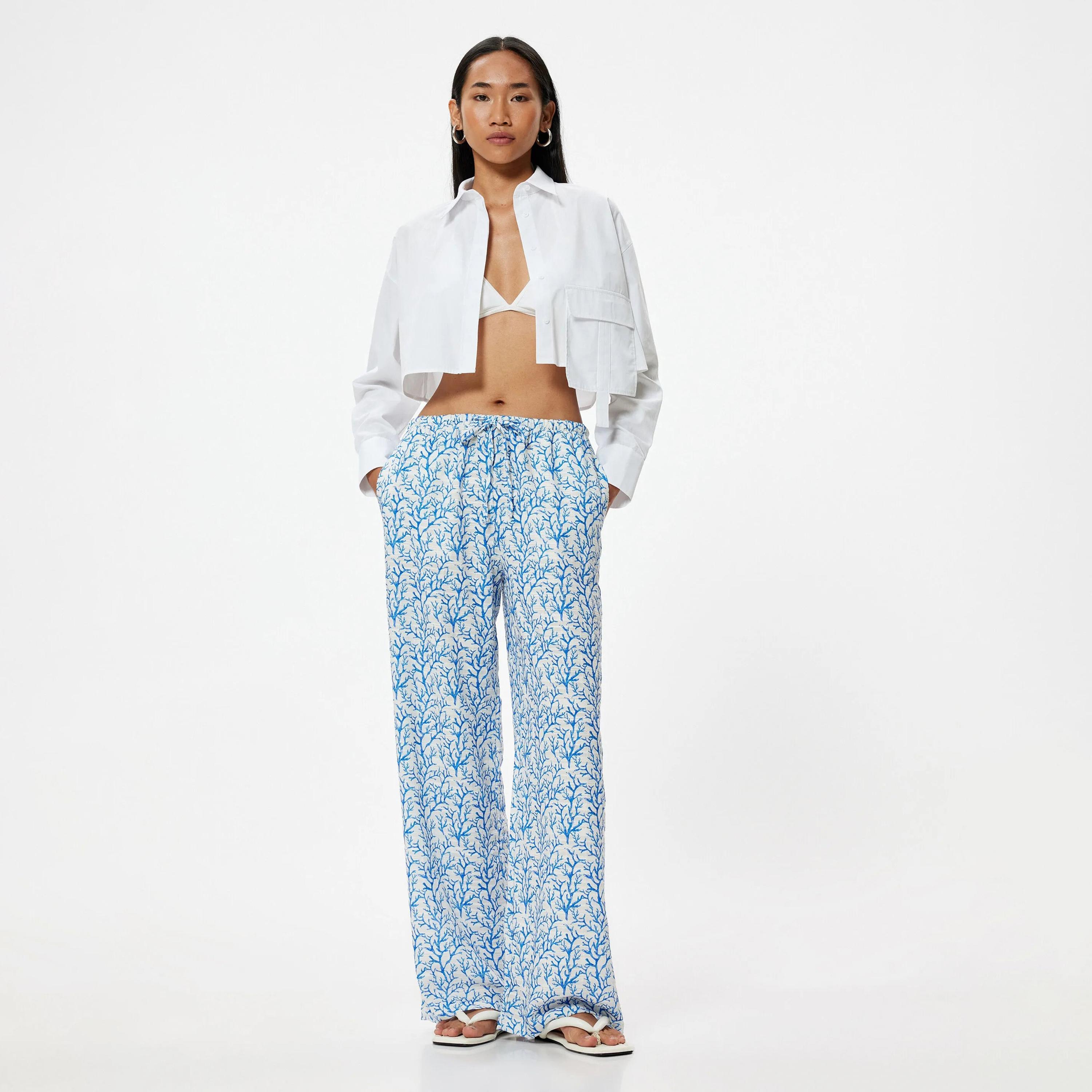 KOTON Blue Printed Drawstring Waist Women's Trousers-women-clothing-bottoms-trousers-image-2