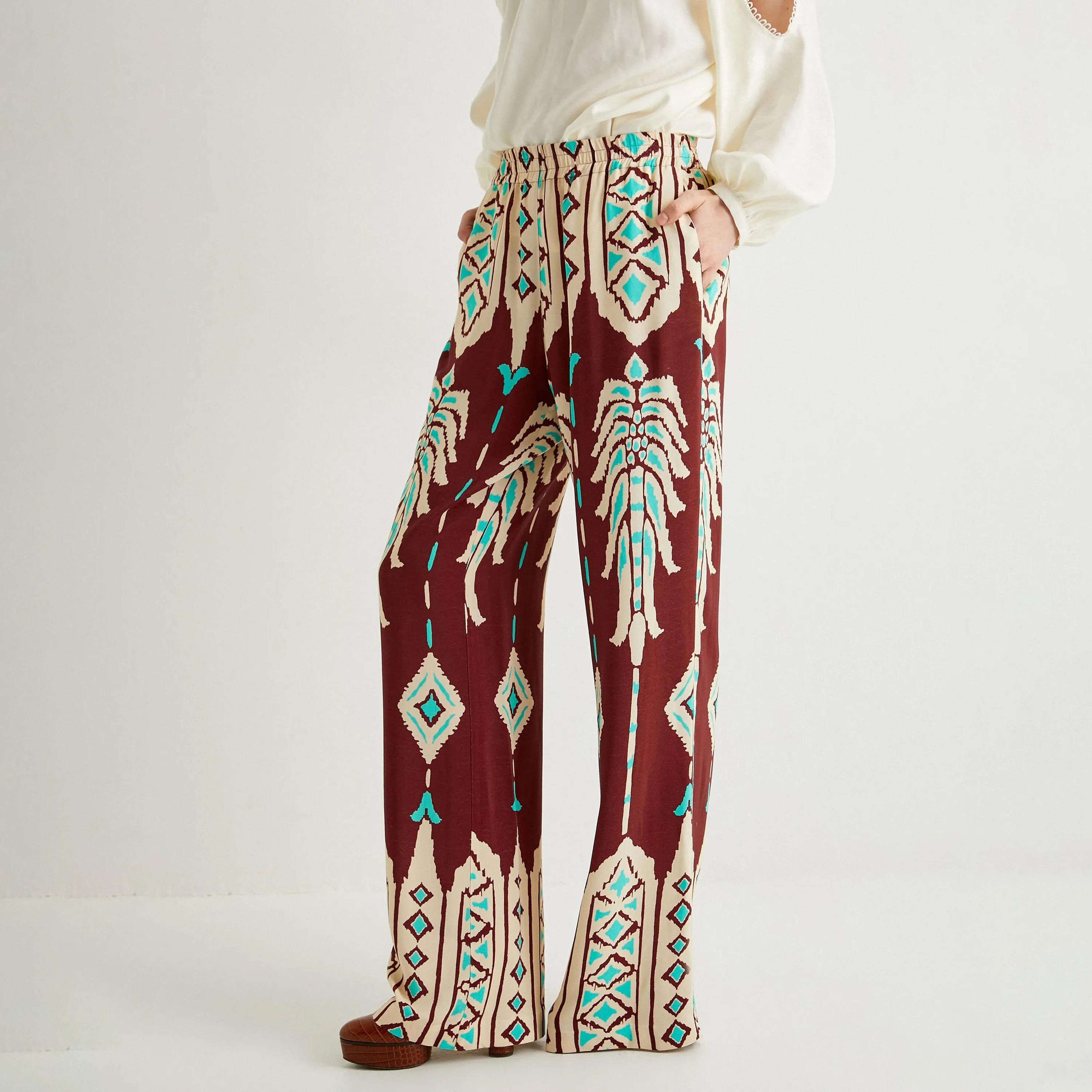 بنطلون نسائي من الفيسكوز المطبوع باللون الأحمر بخصر مطاطي من كوتون-women-clothing-bottoms-trousers-image-1