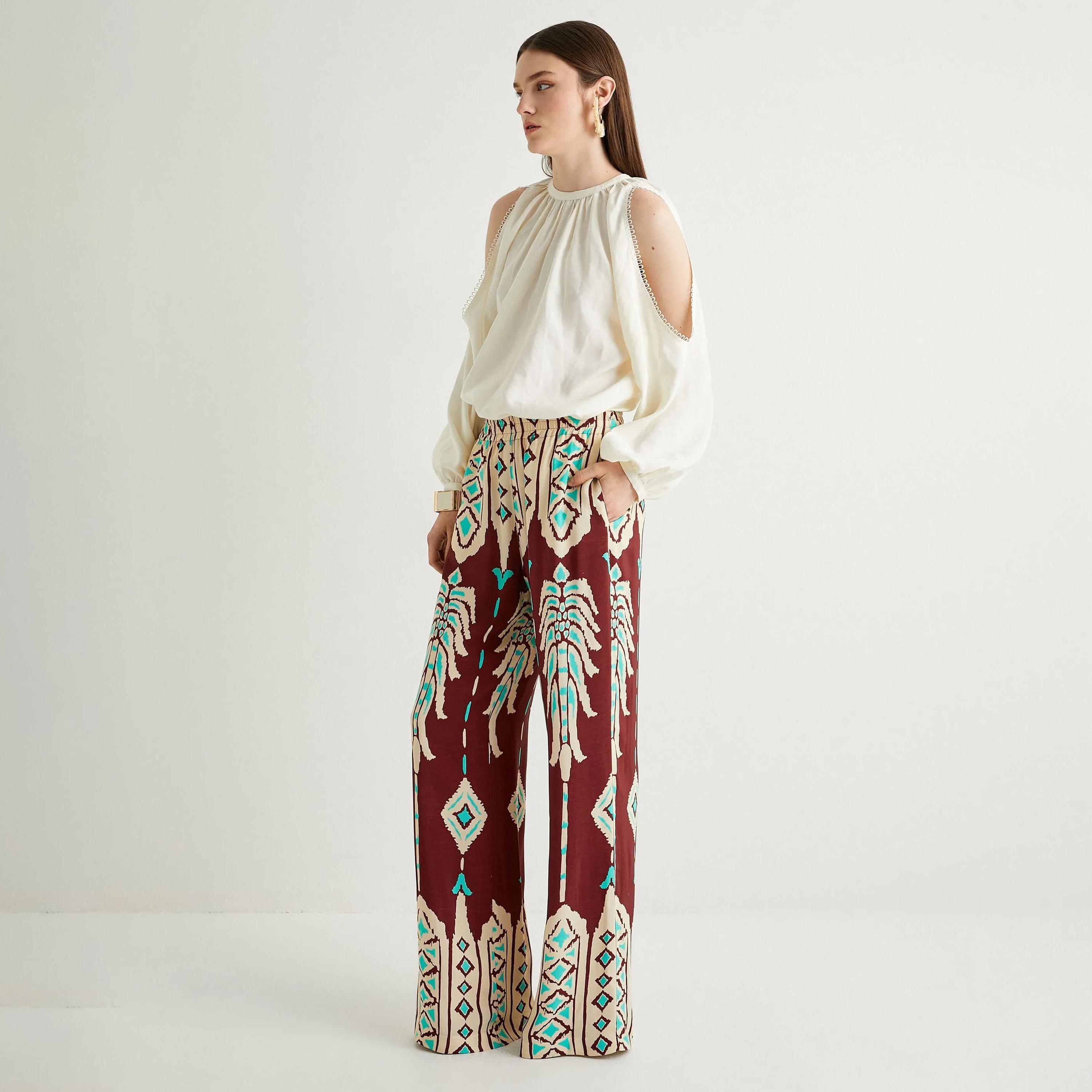 KOTON Red Printed Viscose Elasticated Waist Women's Trousers-women-clothing-bottoms-trousers-image-2