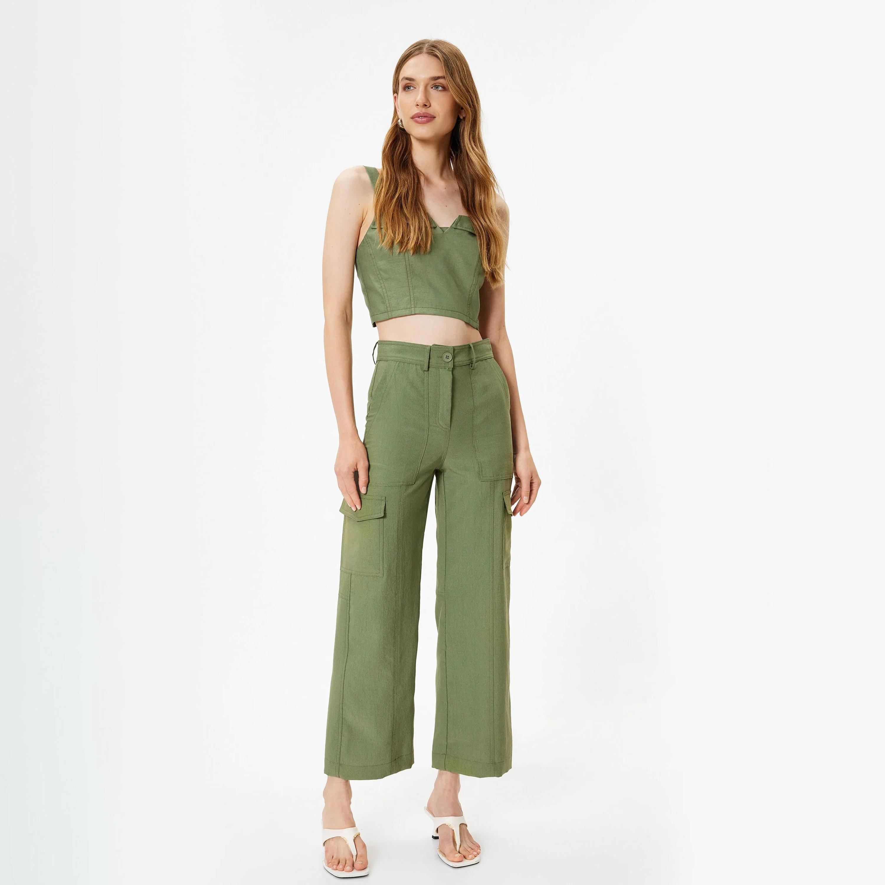 KOTON Green Button and Zip Fly Women's Cargo Trousers-women-clothing-bottoms-trousers-image-2