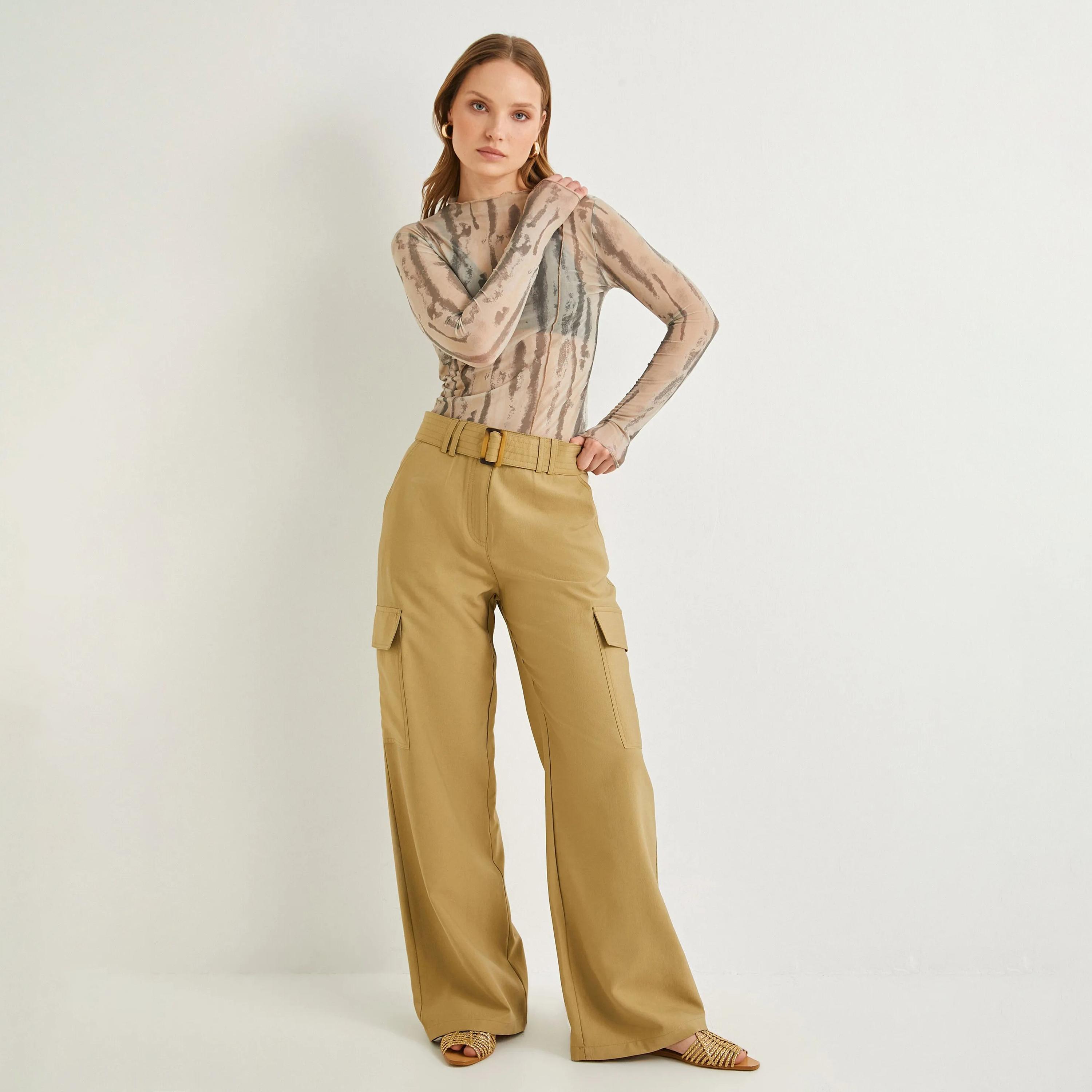 KOTON Beige Button and Zip Fly Women's Cargo Trousers-women-clothing-bottoms-trousers-image-2