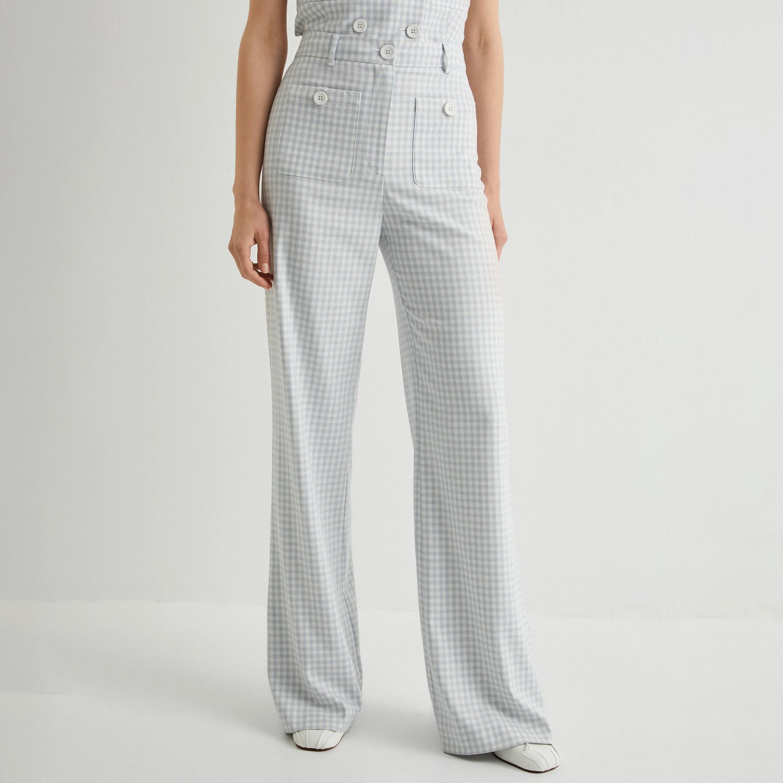 بنطلون نسائي أزرق منقوش بأزرار وسحاب من كوتون-women-clothing-bottoms-trousers-image-1