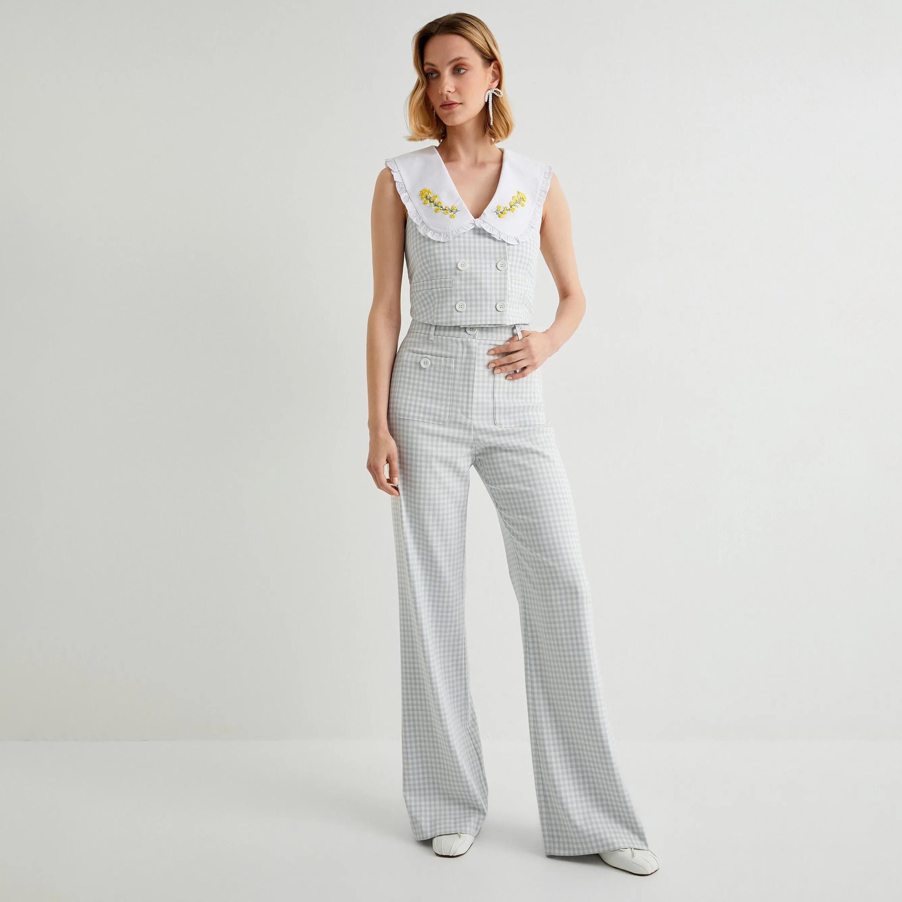 بنطلون نسائي أزرق منقوش بأزرار وسحاب من كوتون-women-clothing-bottoms-trousers-image-2