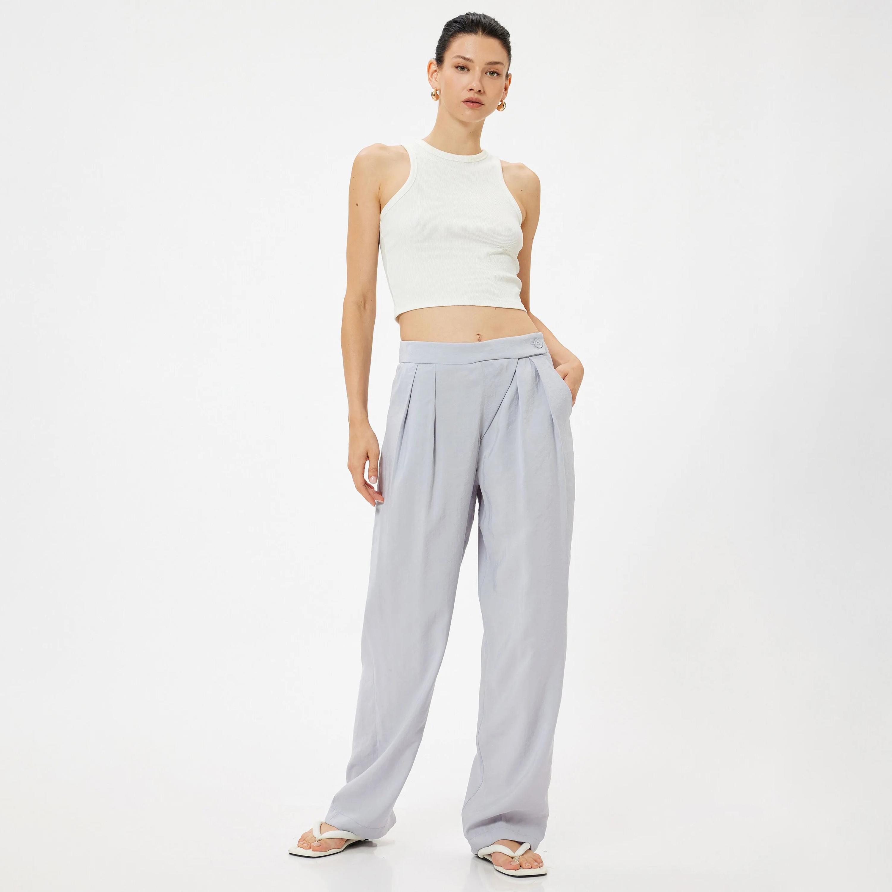 KOTON Grey Button Women's Trousers-women-clothing-bottoms-trousers-image-2