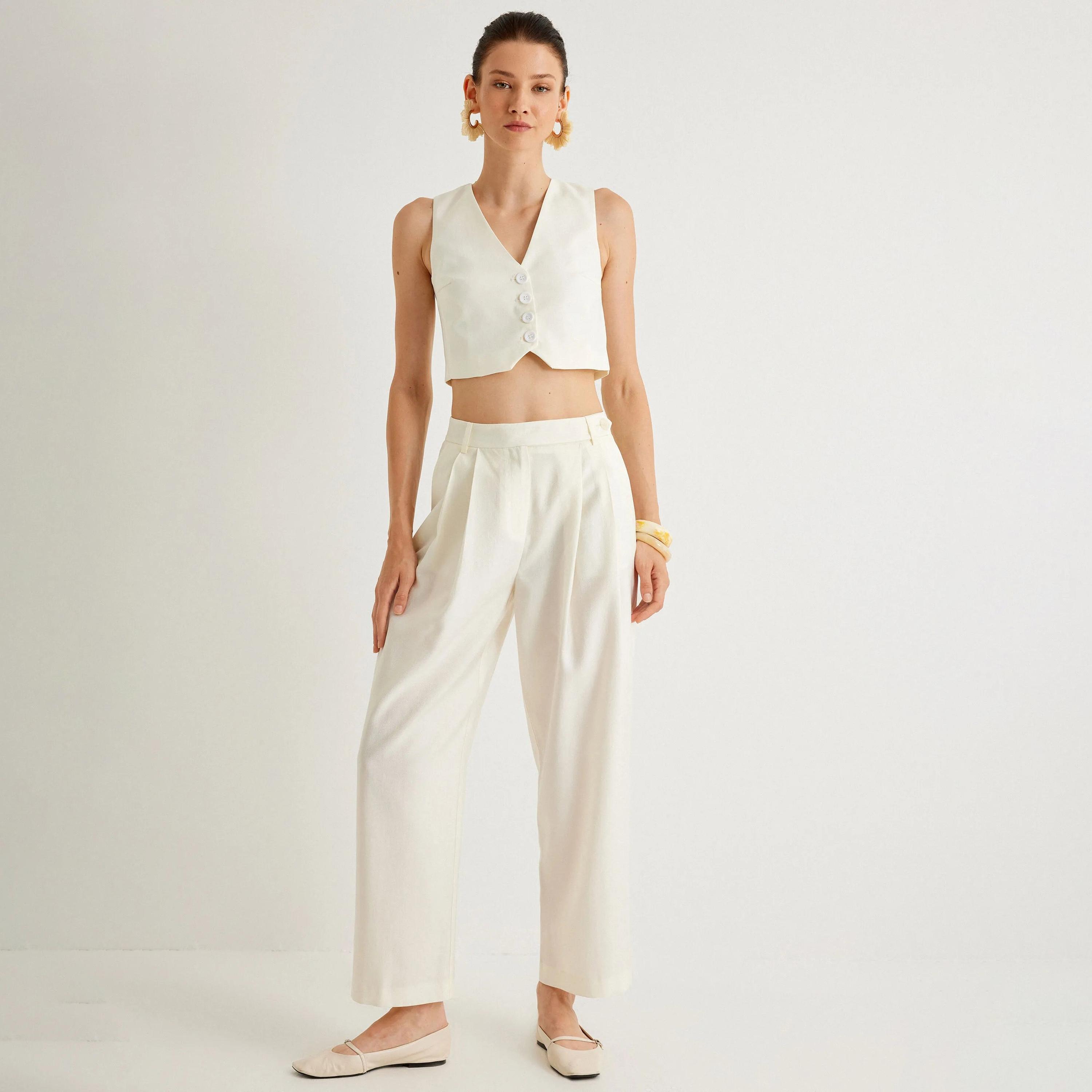 KOTON White Button Women's Trousers-women-clothing-bottoms-trousers-image-2