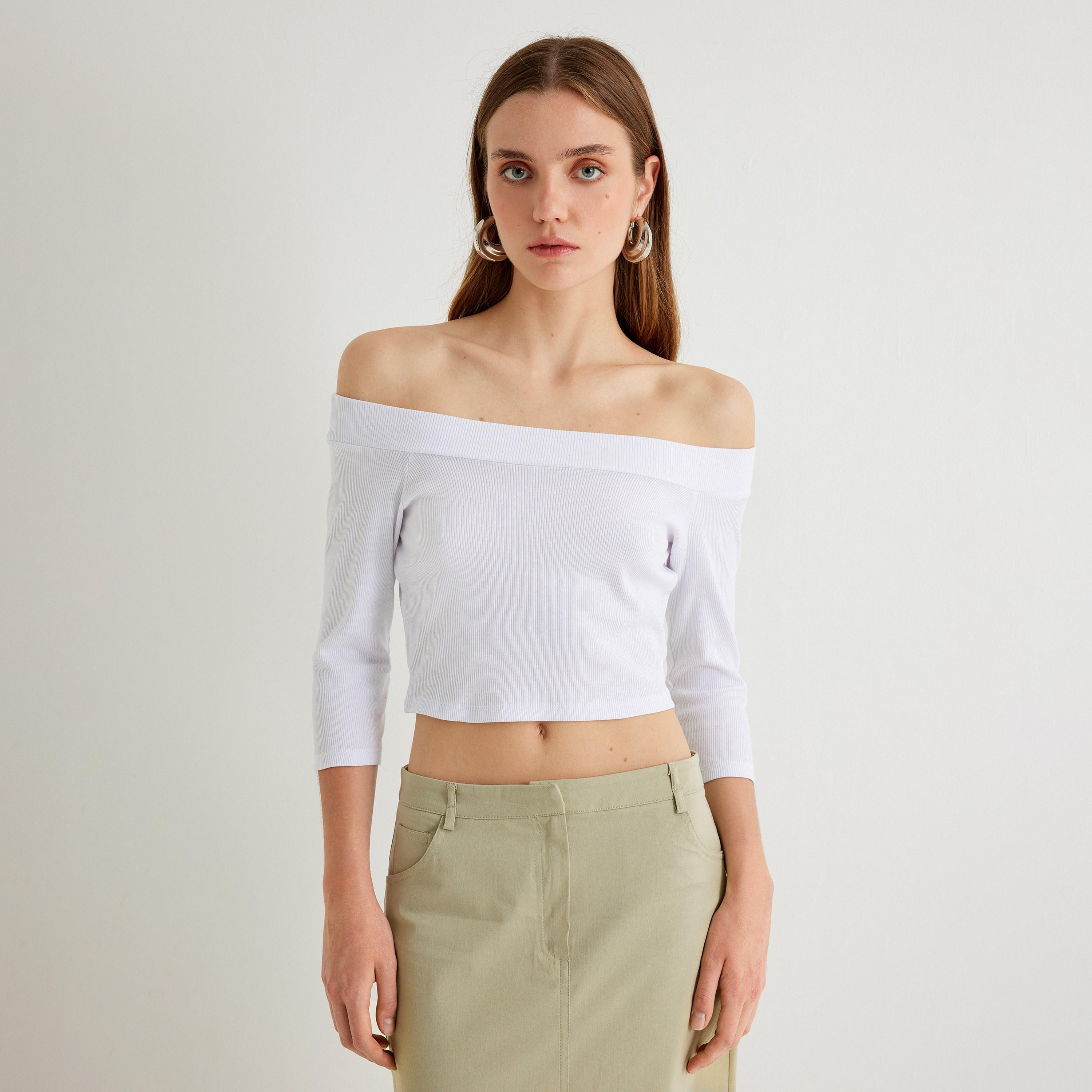 KOTON White Textured Off Shoulder Women's Cropped Top-women-clothing-shirtsandblouses-blouses-image-1