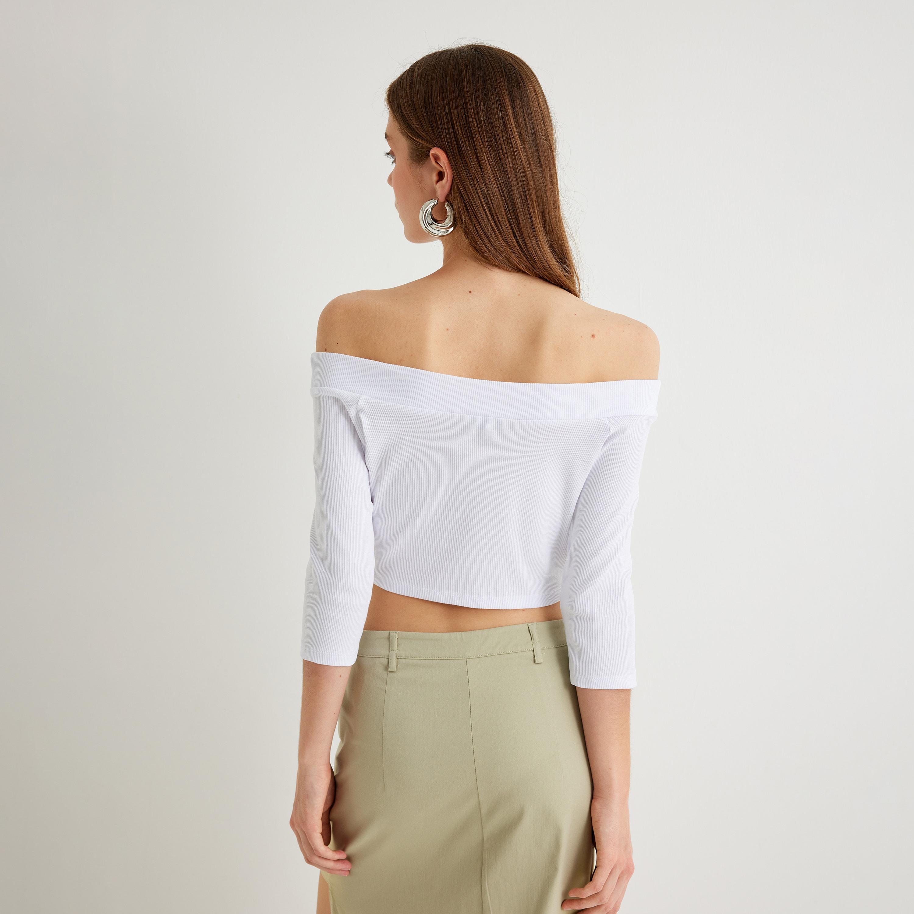 KOTON White Textured Off Shoulder Women's Cropped Top-women-clothing-shirtsandblouses-blouses-image-3